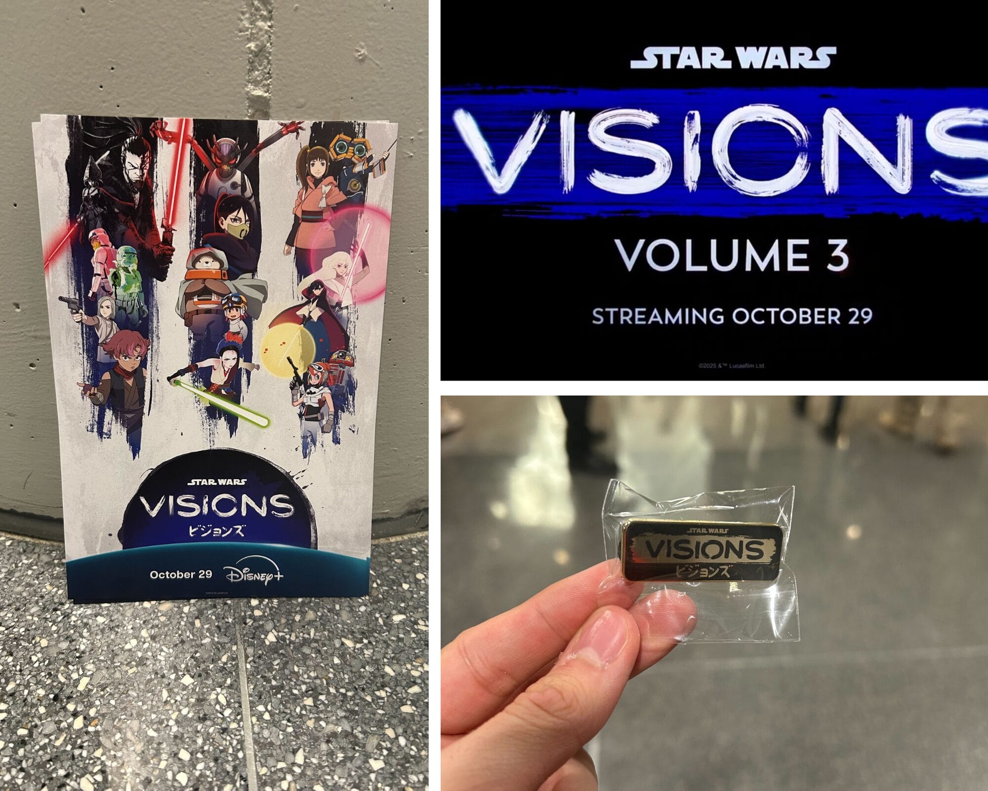 Collage with Star Wars: Visions poster, panel date promo, and a hand holding a Visions pin in plastic.