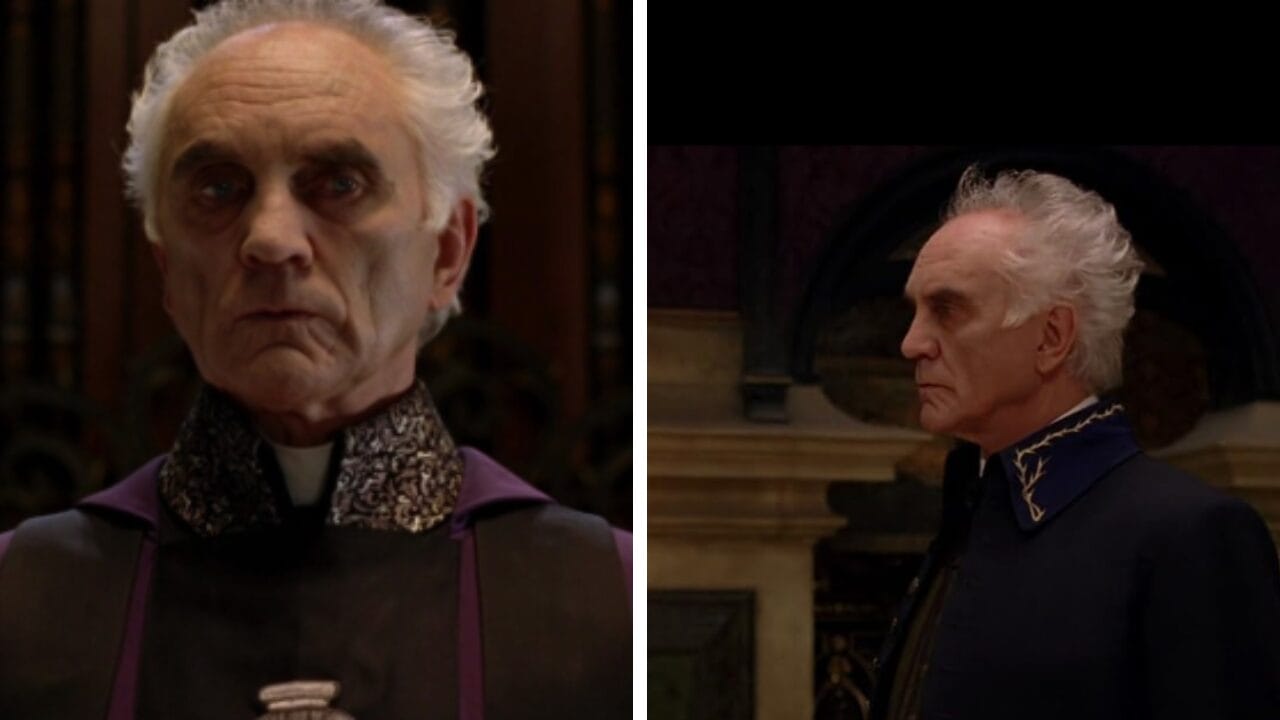 An older man with white hair and dark clothing, shown facing forward and in profile, standing indoors with a serious expression.