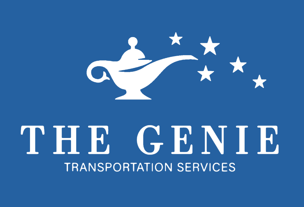 White magic lamp with stars above "Genie Transportation Services" on a blue background.