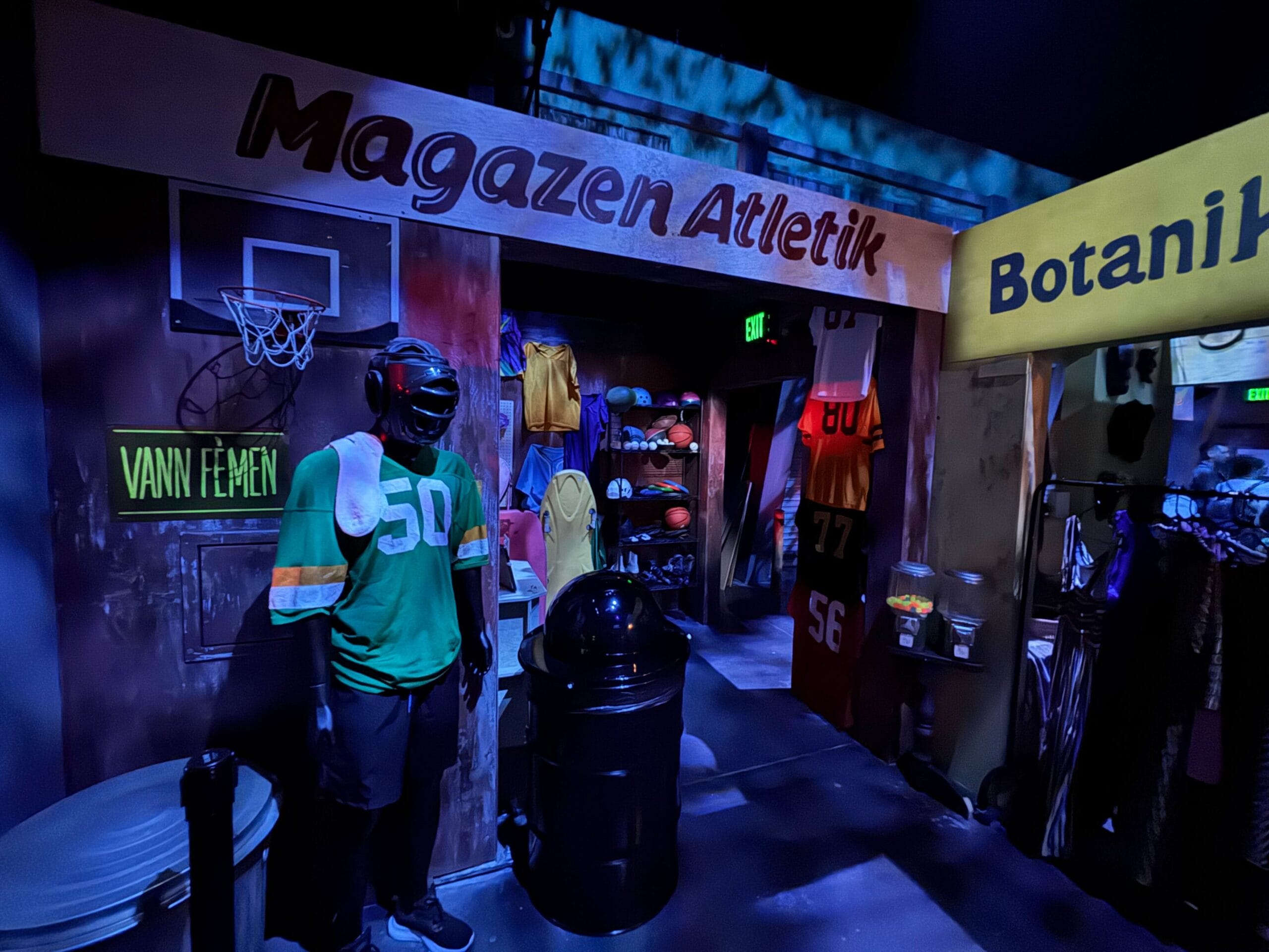 Dimly lit sports shop with jerseys and basketballs, evoking a Universal Horror Unleashed vibe near a basketball hoop.