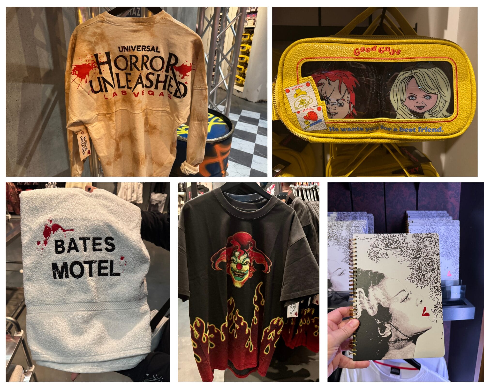 Collage of Universal Horror Unleashed merchandise, featuring shirts, a towel, a pouch, and a spooky-themed notebook.