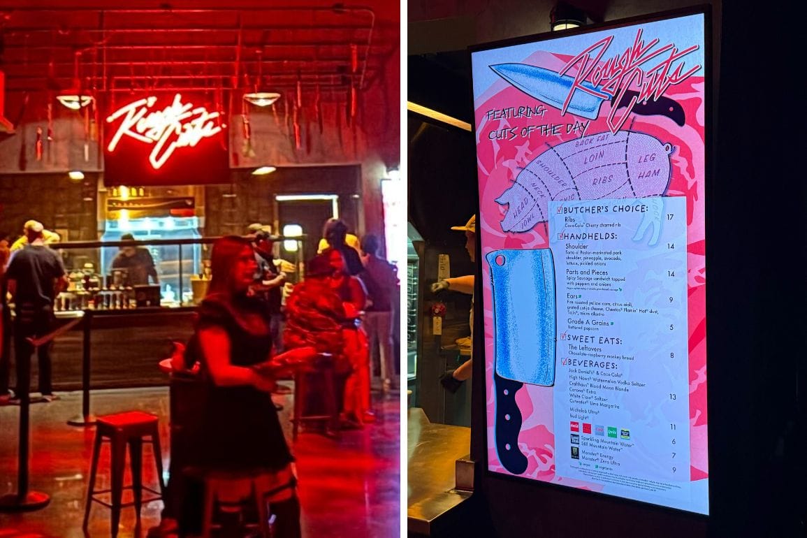 Left: A woman stands in a red-lit Las Vegas bar; Right: Full Menus with knife-themed artwork evoke Universal Horror Unleashed.