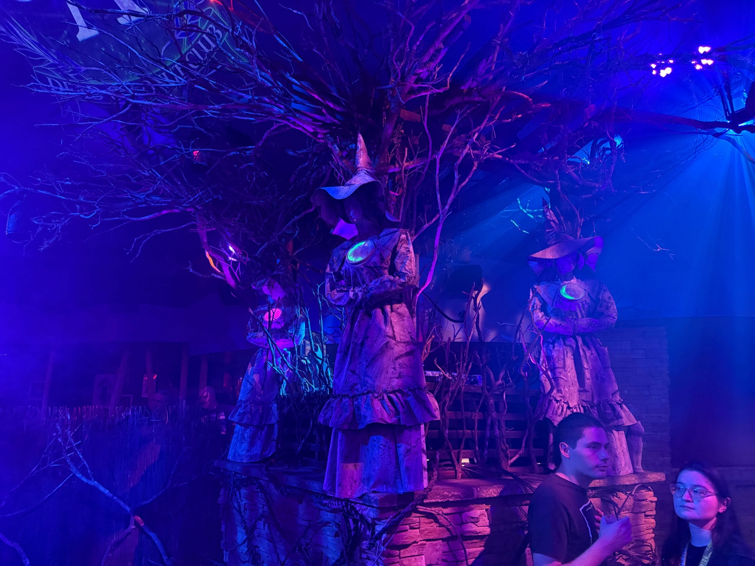 Three eerie Sorority Witches statues glow under twisted branches at Dead Coconut Club; people observe the scene.