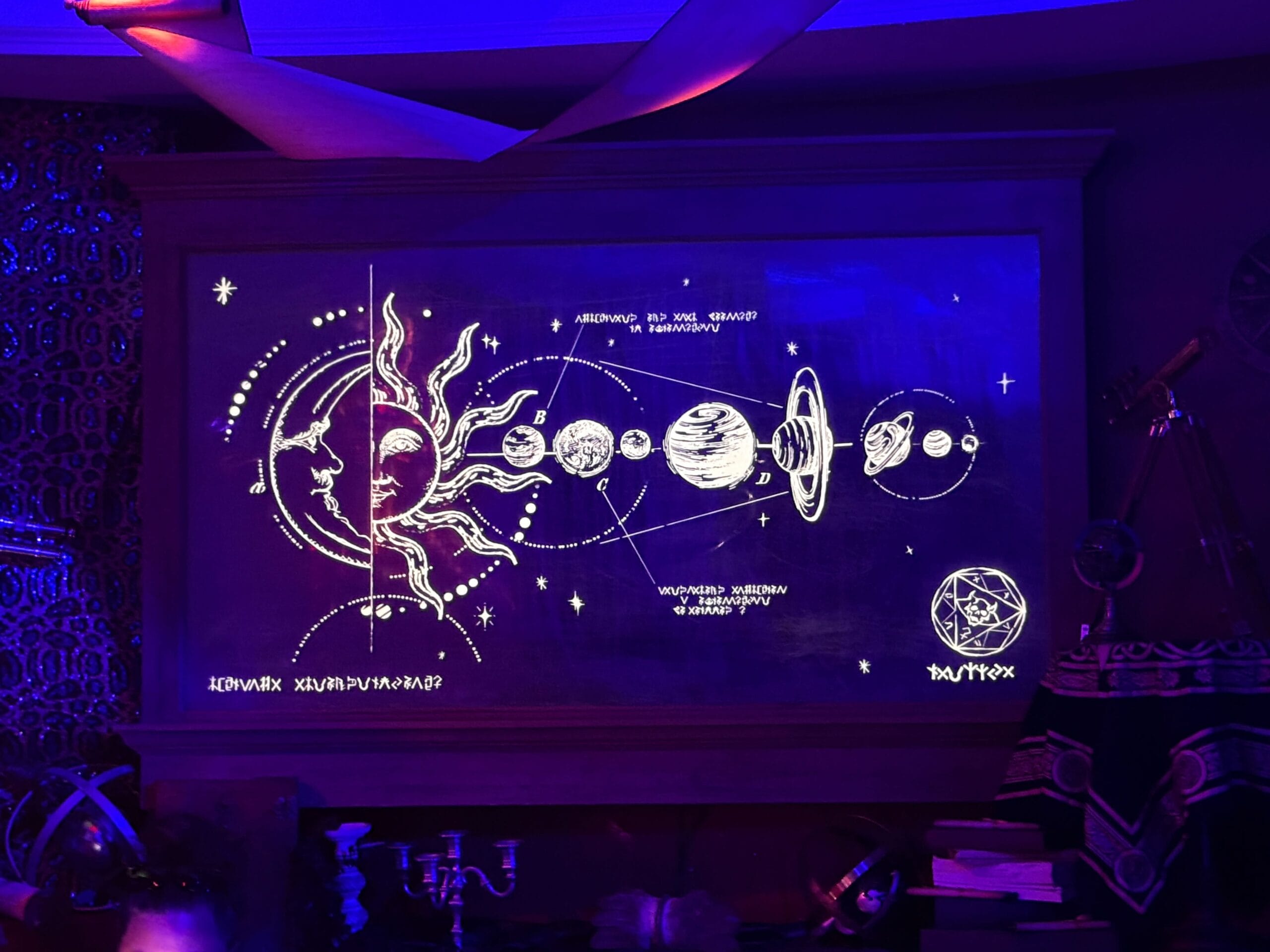 A glowing chalkboard drawing of the solar system and sun, as if created by Sorority Witches under a blacklight.