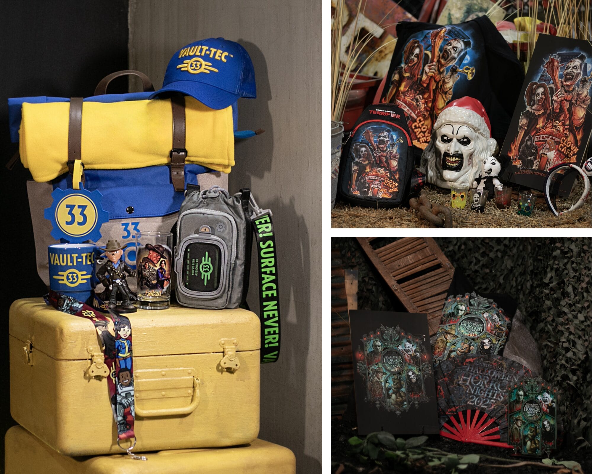A display of Fallout Vault-Tec gear and Halloween Horror Nights collectibles, including bags, masks, and decorated plaques.