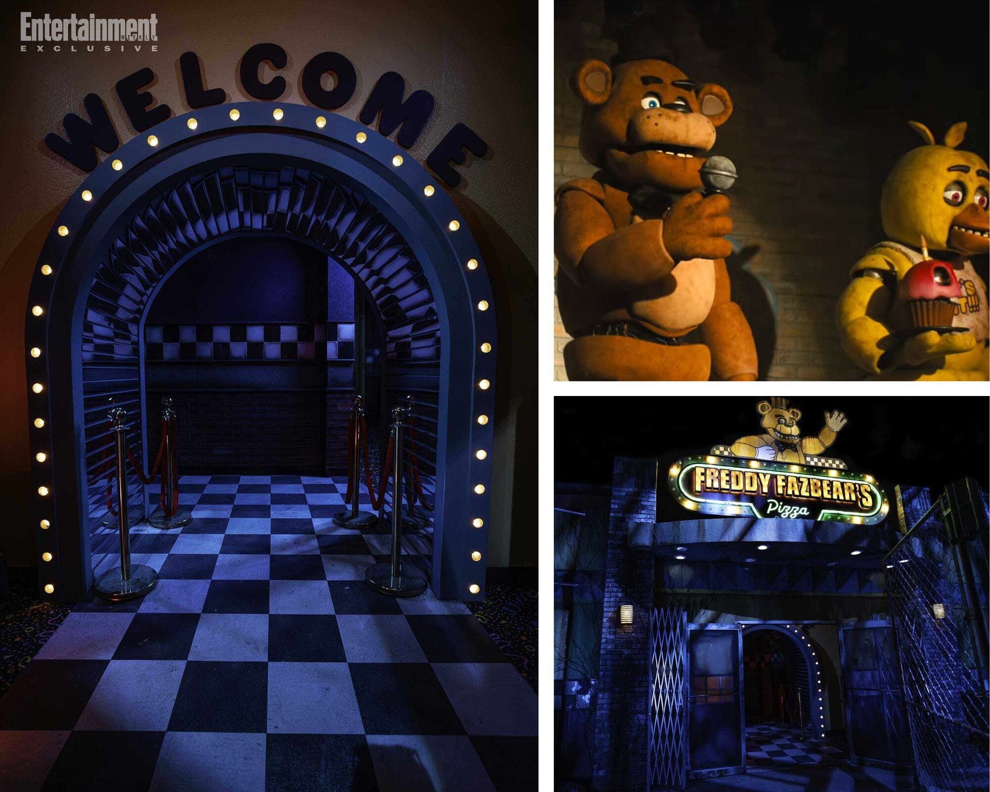 A checkered entrance and animatronic characters from Five Nights at Freddy's haunt Halloween Horror Nights in eerie lighting.