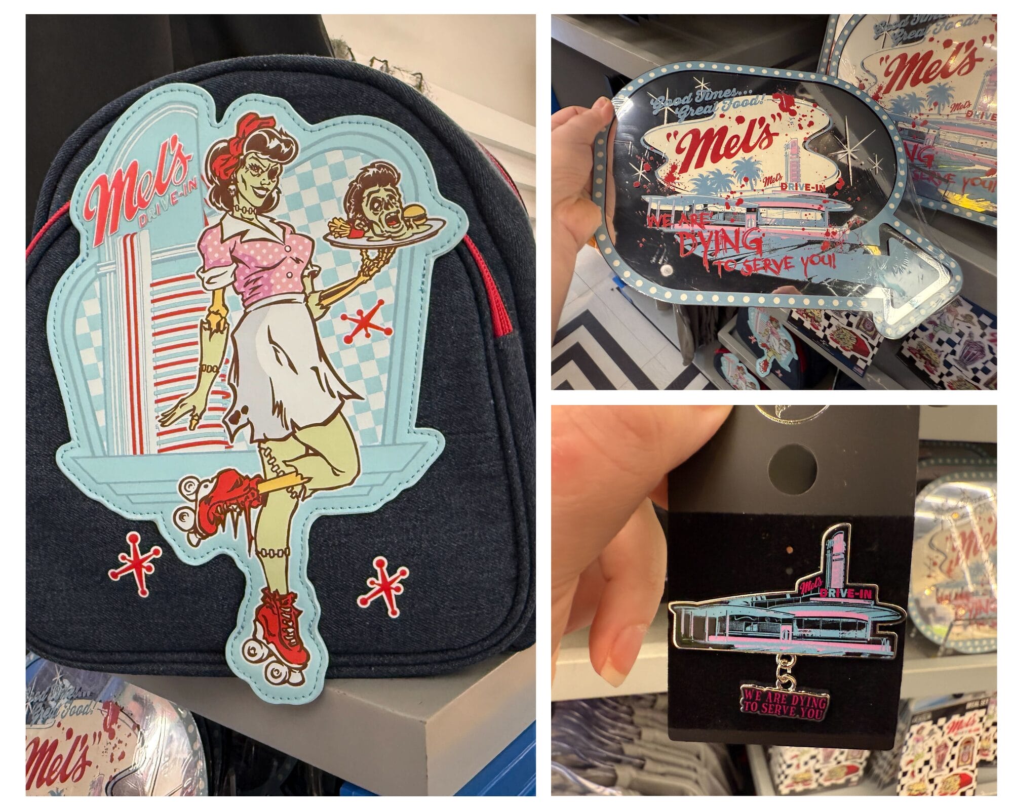 Collage of Mel’s Drive-In themed merchandise and Zombies Merchandise at Universal Studios Florida with a retro diner design.