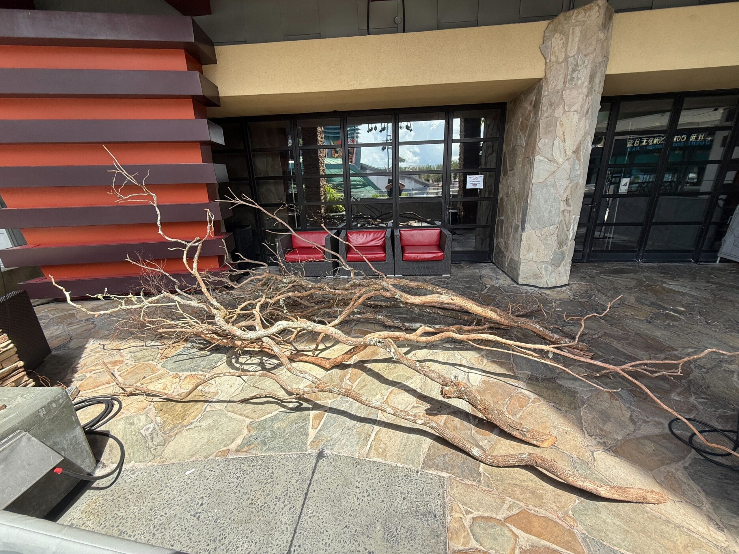 A large pile of bare tree branches lies on a stone patio near a Firefly Fun House Sign and red chairs.