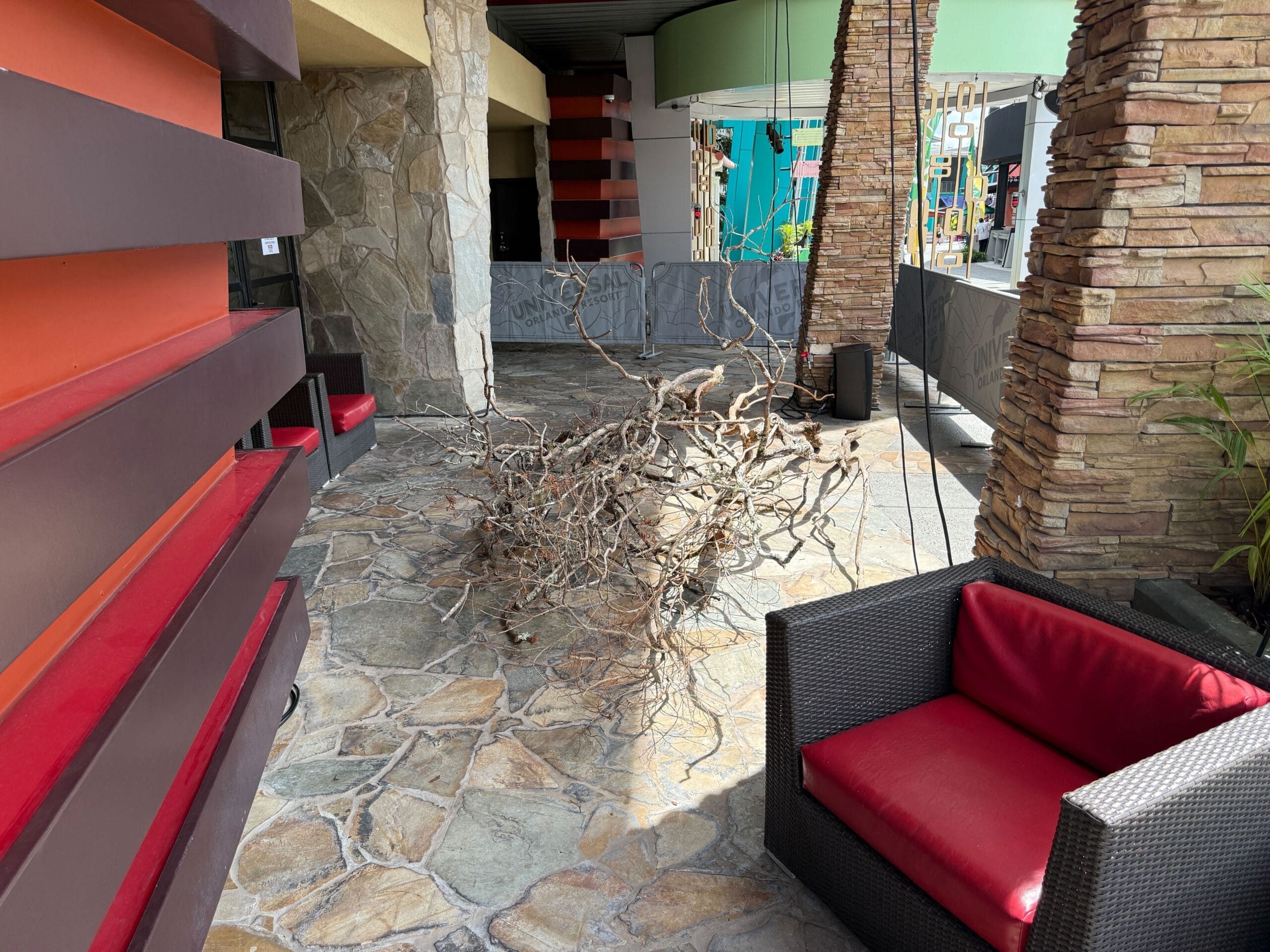 A pile of dry branches lies on a stone patio near red-cushioned chairs, beside a Firefly Fun House Sign.