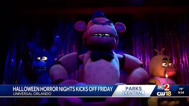Animatronic bear, bunny, and chicken on stage at Halloween Horror Nights evoke Five Nights at Freddy's chills.