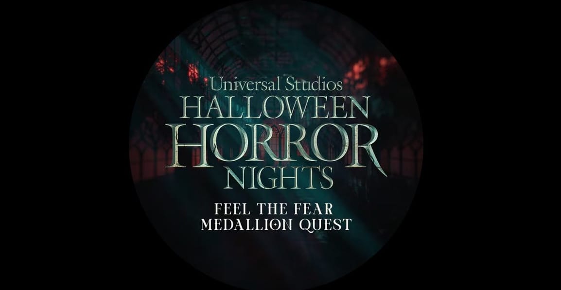 Circular logo for Halloween Horror Nights 2025: Feel the Fear Scavenger Hunt, with a dark, eerie background.