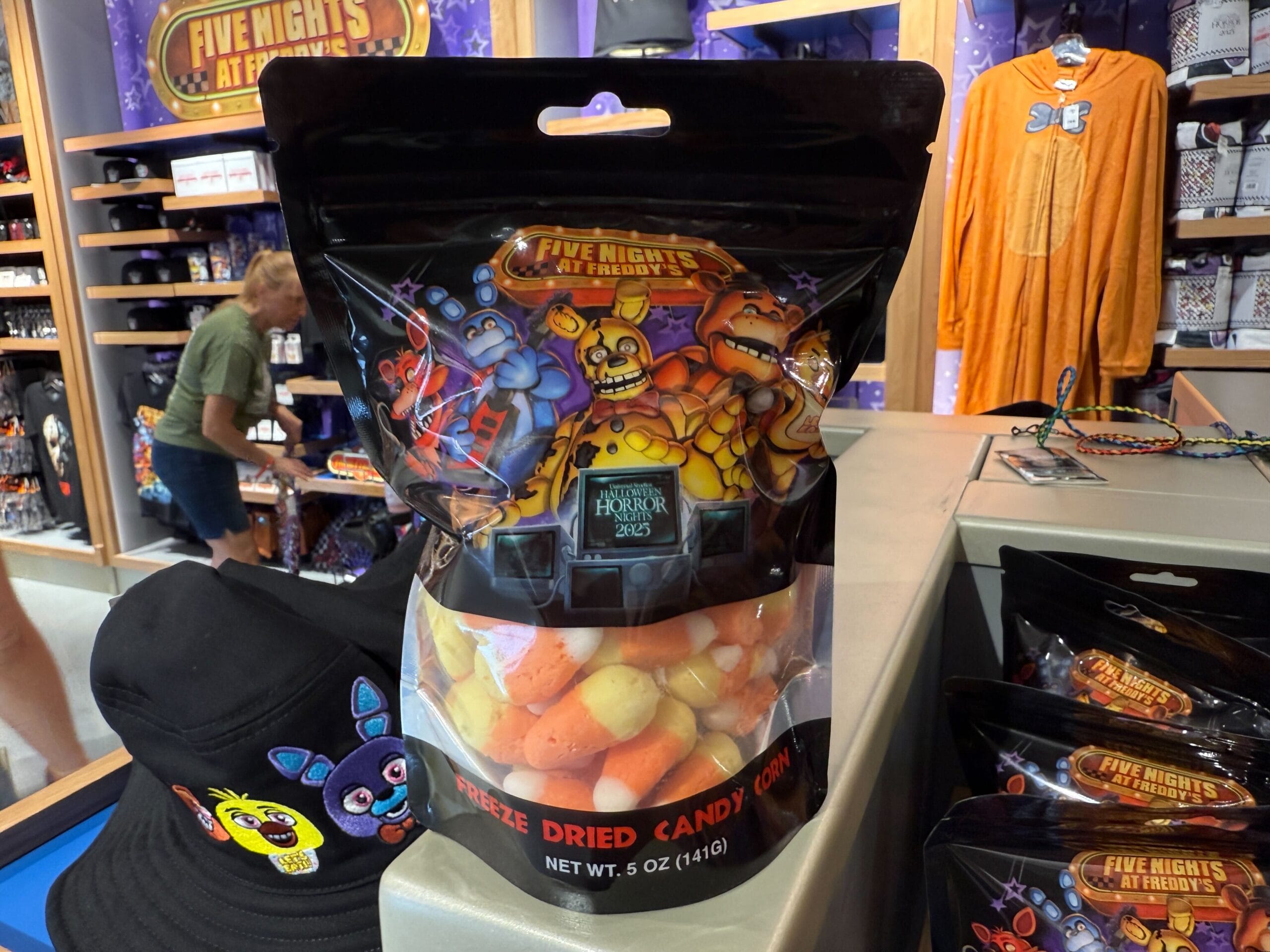 A bag of Five Nights at Freddy’s freeze-dried candy corn, part of Halloween Horror Nights Merchandise at Universal Orlando Resort.