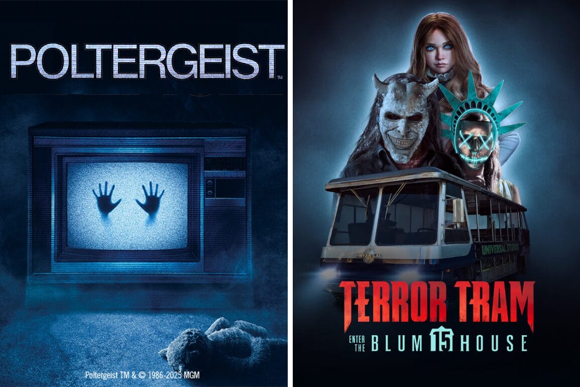 Split image: Left, hands on static TV for "Poltergeist House." Right, "Terror Tram: Blumhouse" at Universal Studios Hollywood.