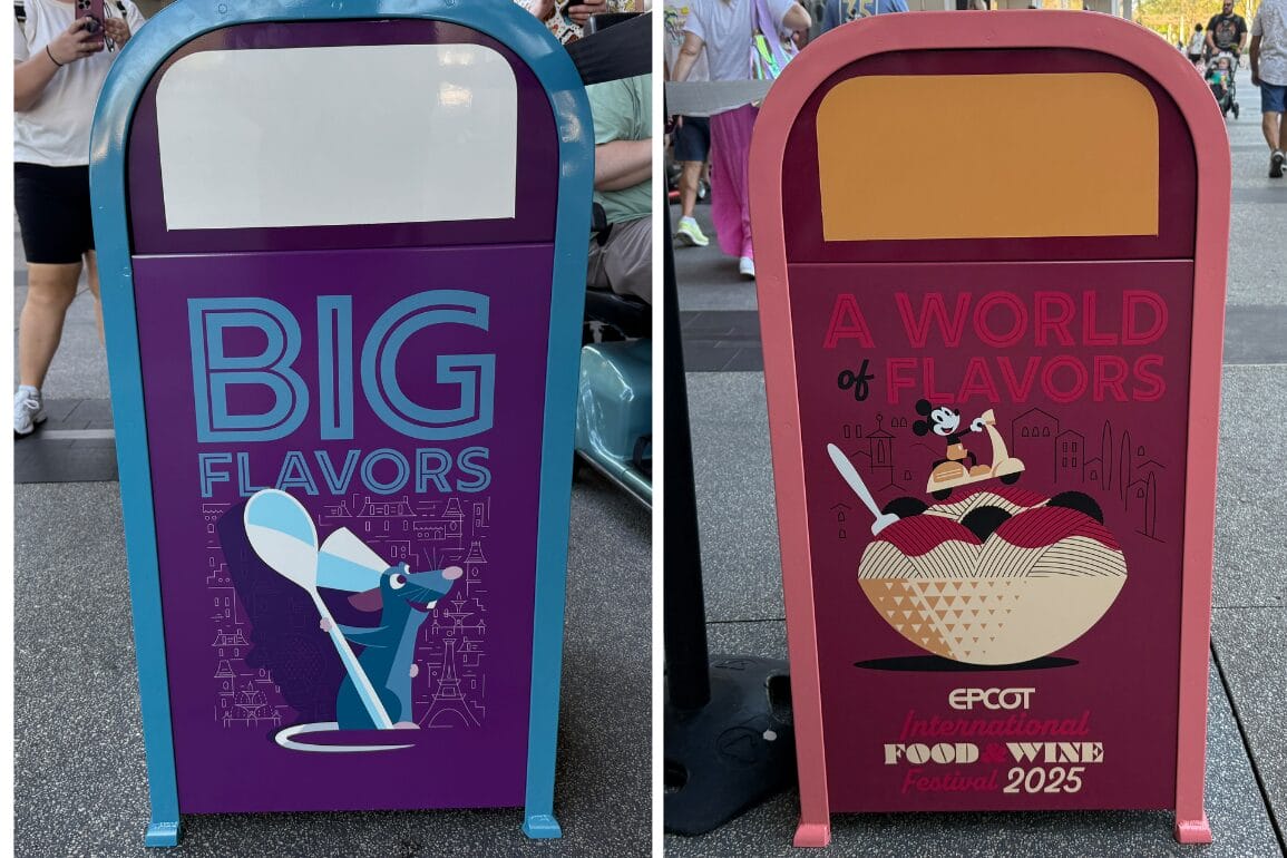 Two colorful Trash Cans at the EPCOT International Food & Wine Festival, featuring Remy and dessert-themed graphics.