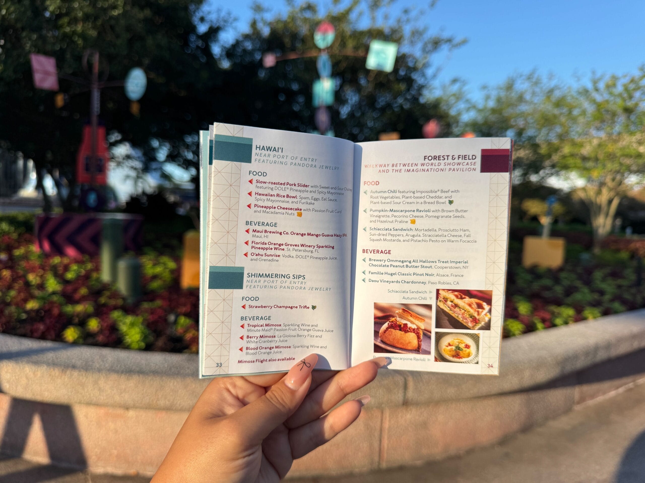 A hand holds a small festival menu booklet open outdoors, with trees and signs blurred in the background.