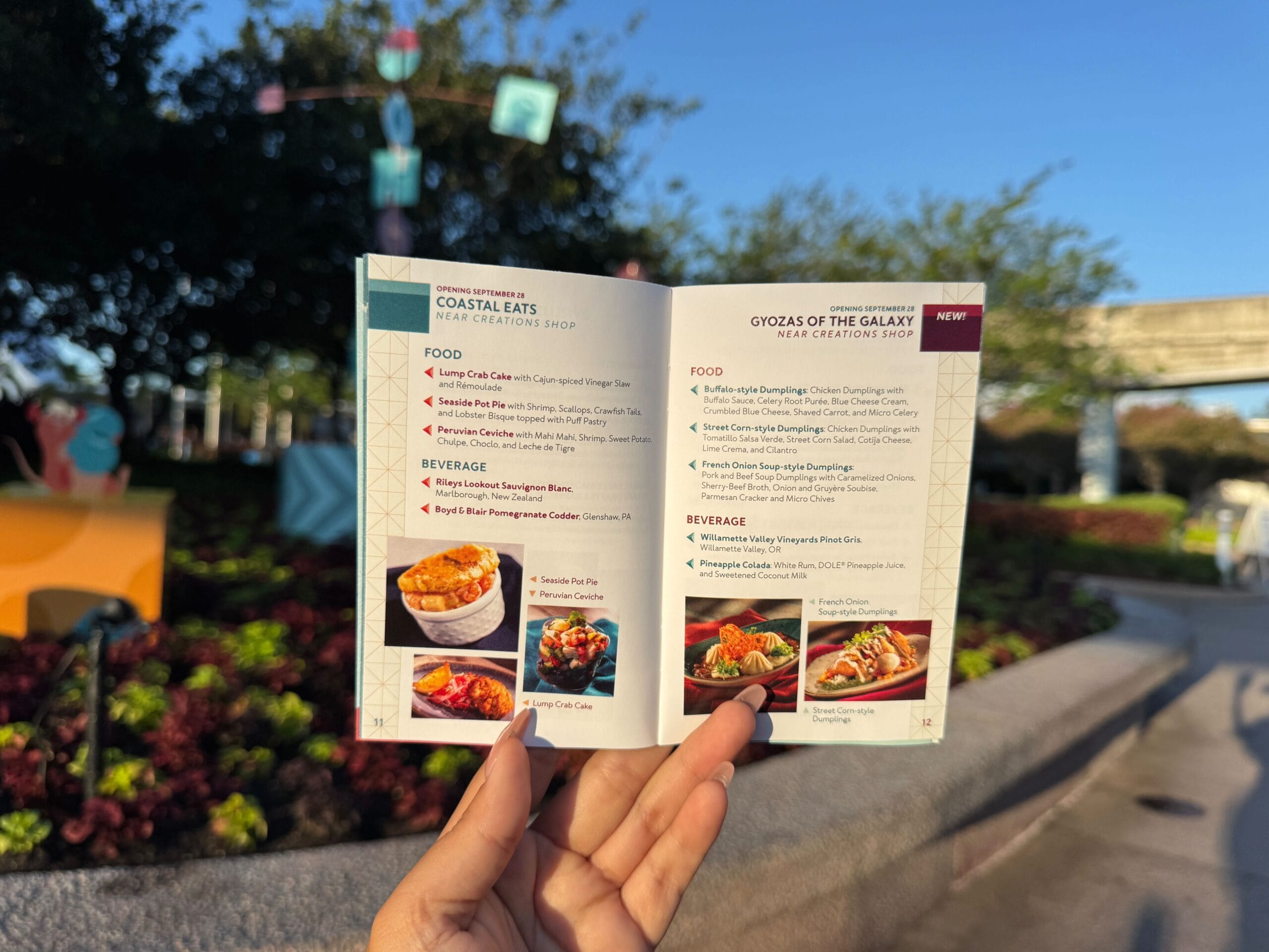A hand holds an open food festival menu outdoors, showing food and beverage options with pictures.