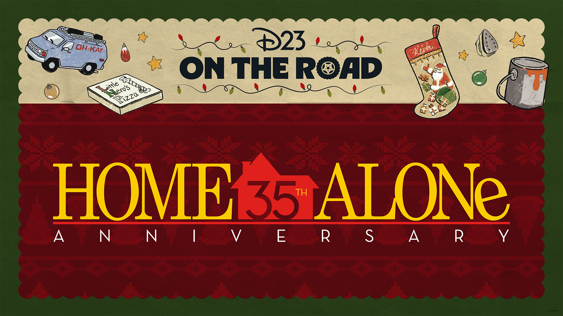 Festive "Home Alone 35th Anniversary" banner with holiday icons and "D23 On The Road" text above.