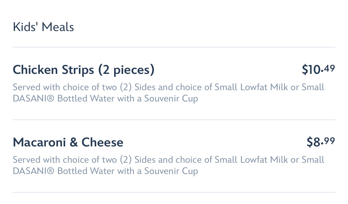 Kids’ menu showing chicken strips for $10.49 and macaroni & cheese for $8.99, each with sides and a drink.