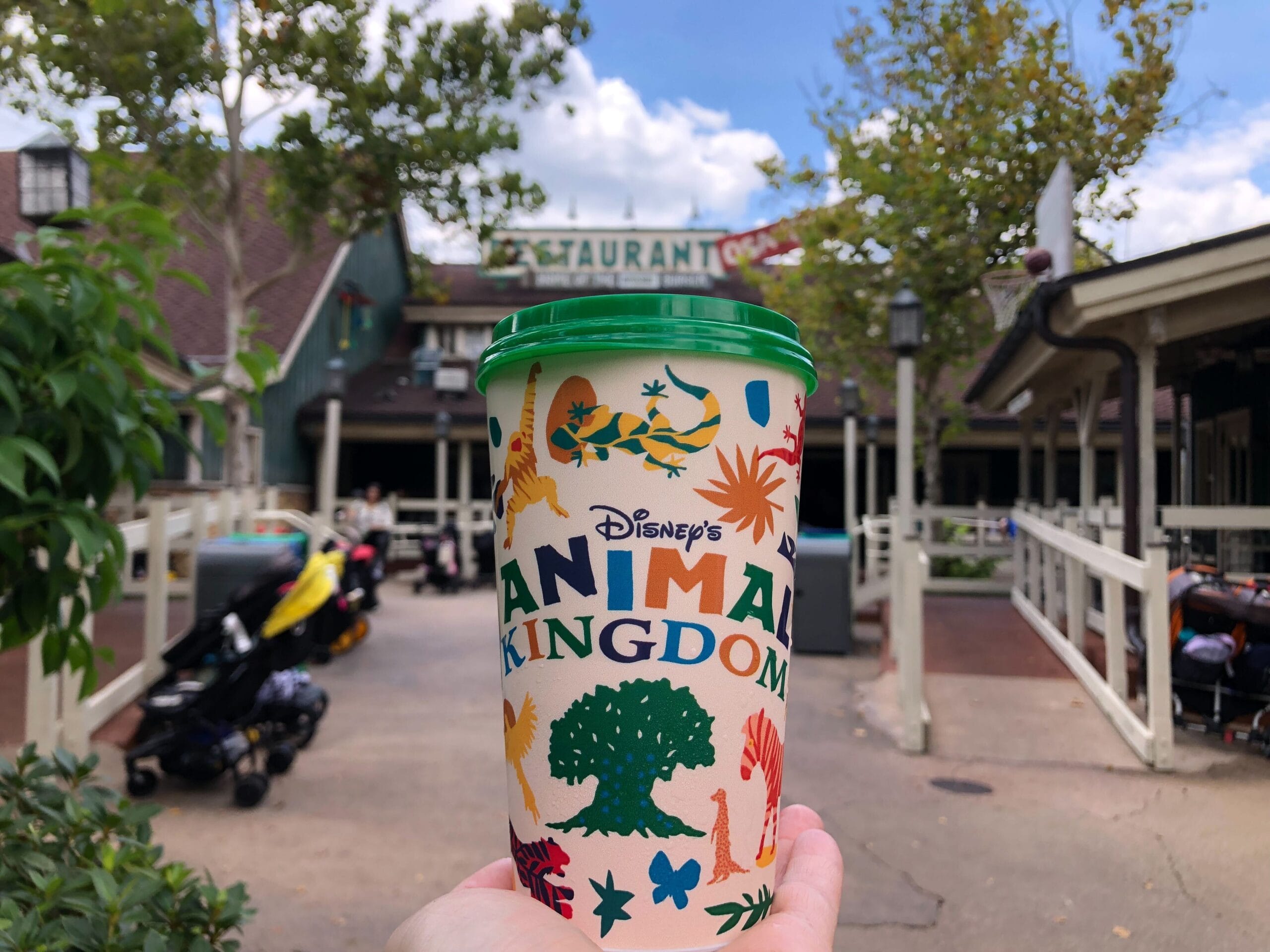 A hand holds a Disney’s Animal Kingdom cup in front of a restaurant with trees and strollers nearby.
