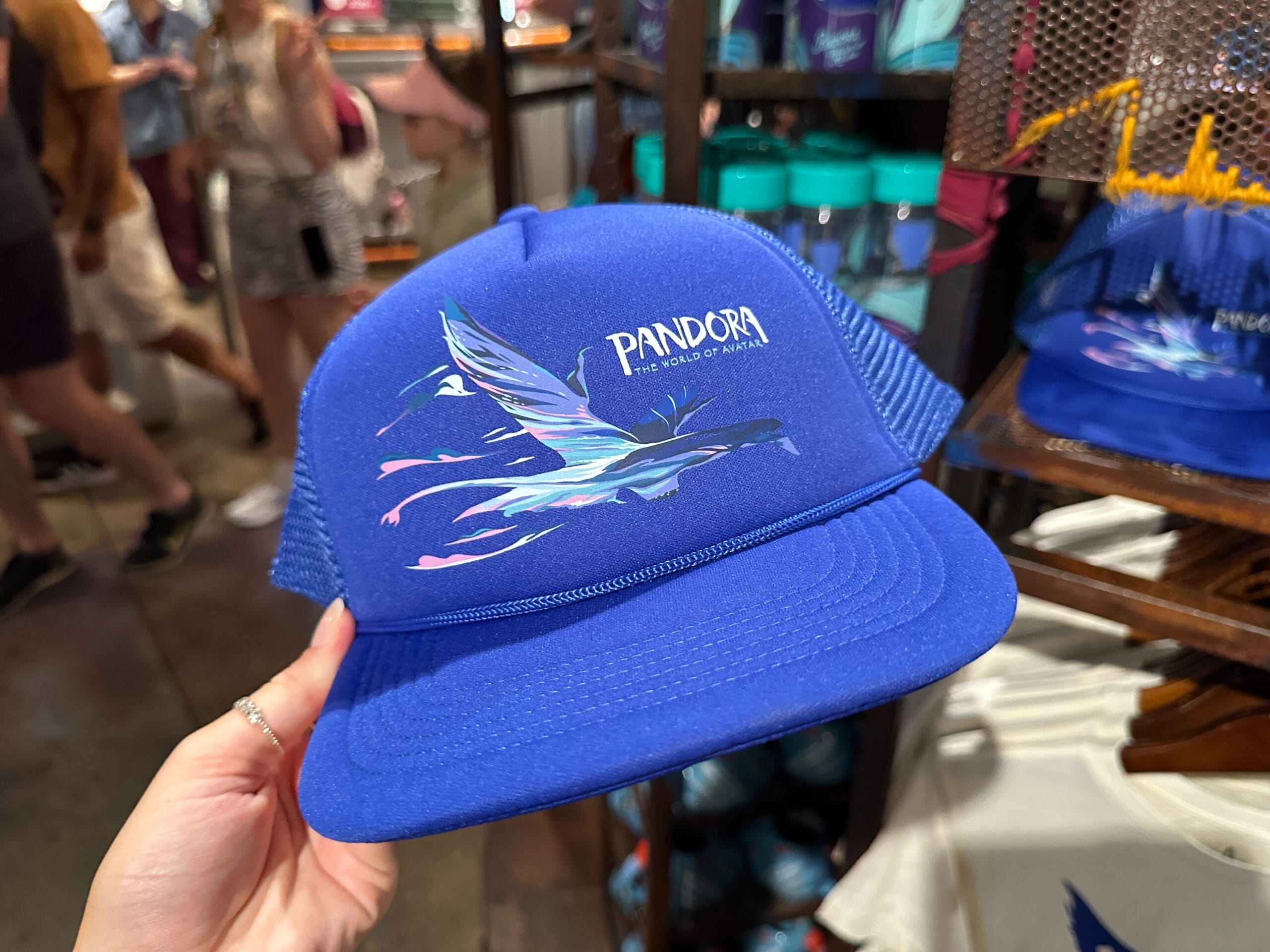 A blue Pandora hat with a colorful banshee graphic, held in a store—perfect for fans of Pandora merch.