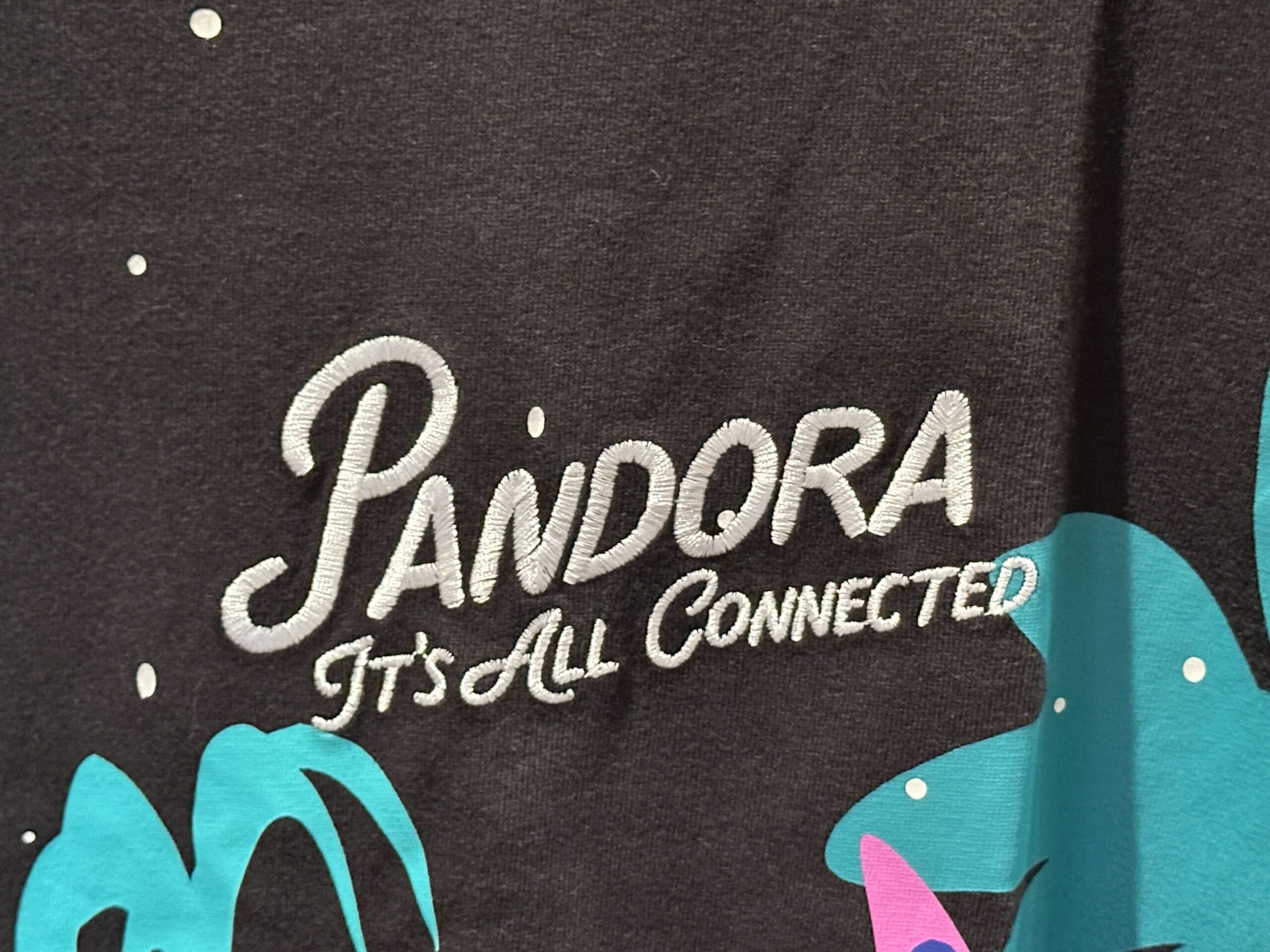 Pandora Merch: "It’s All Connected" text embroidered on dark fabric with blue and pink abstract patterns.