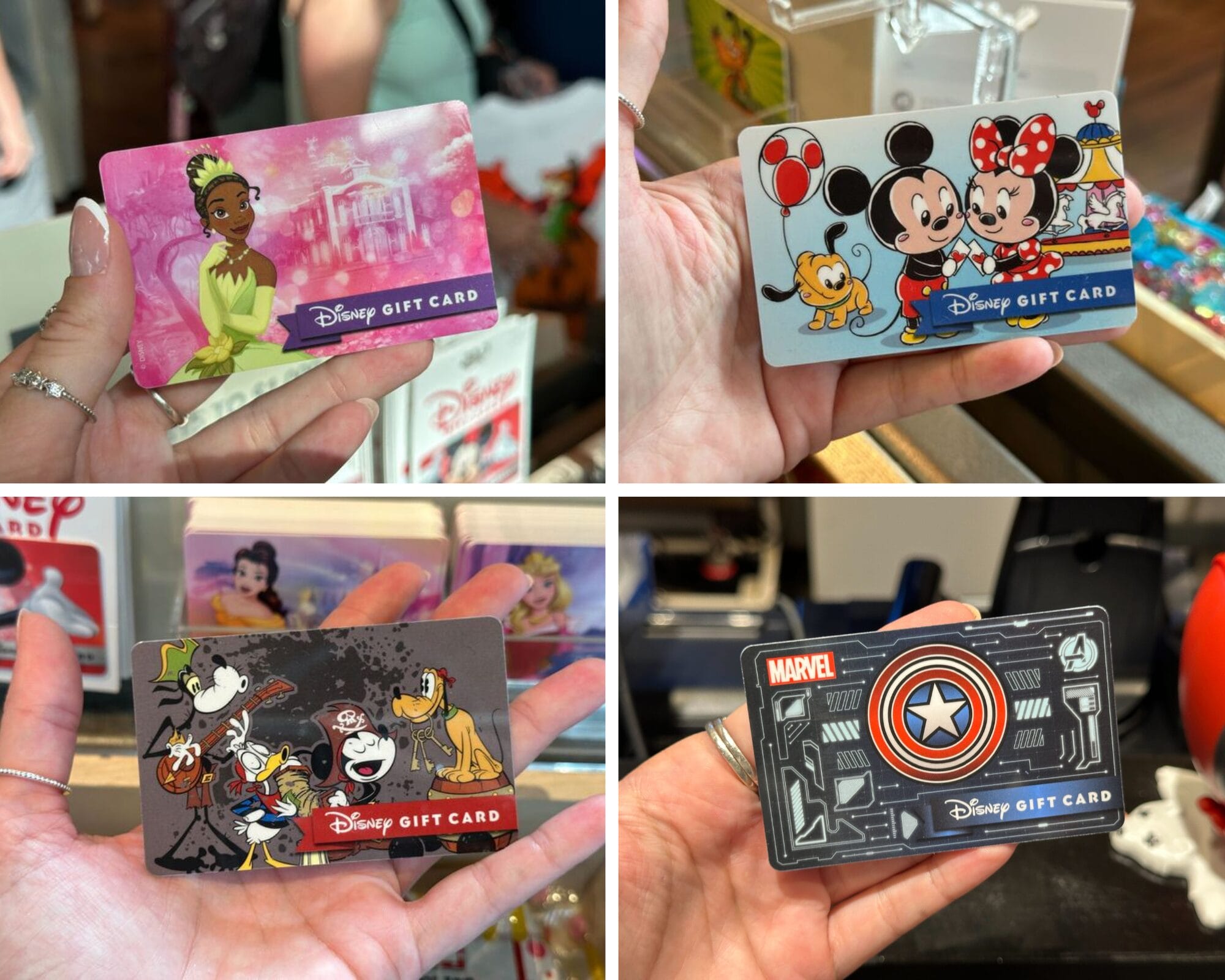 Four hands hold Disney Gift Cards with Marvel designs, Tiana, Mickey & Minnie, and classic Walt Disney World characters.