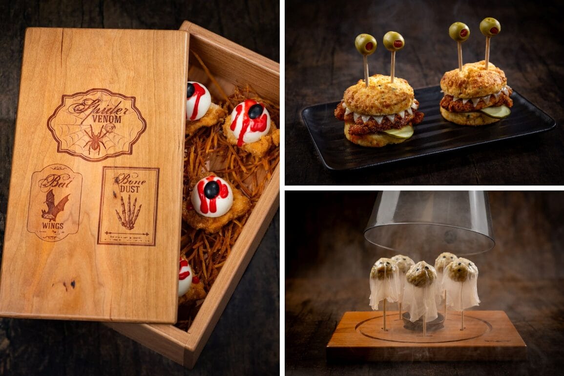 Three Halloween menu treats at Jock Lindsey's Hangar Bar: eyeball cake bites, sliders, and cake pops under a smoky dome.