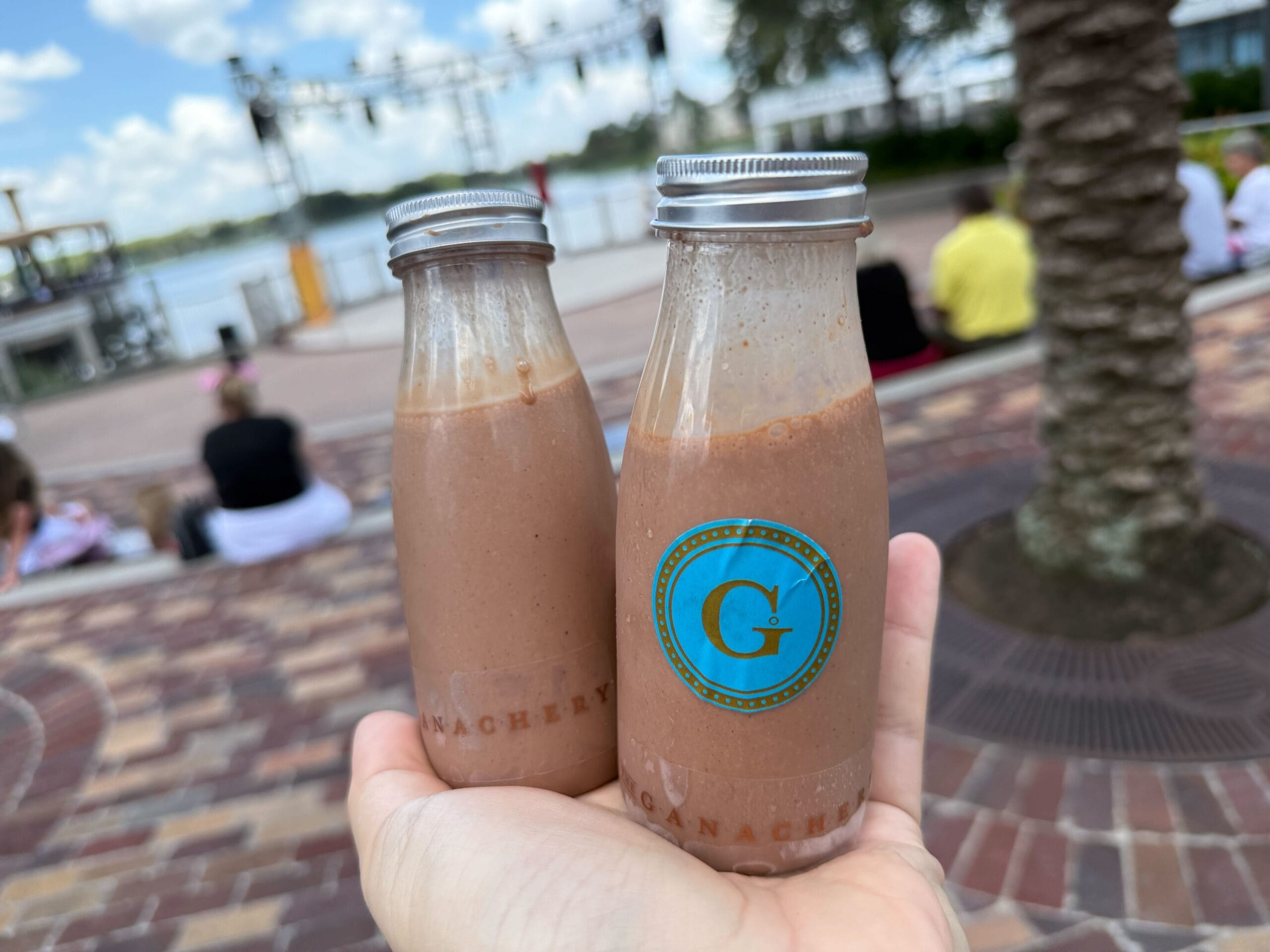A hand holds two small glass bottles of chocolate milk at Disney Springs near a waterfront, with people sitting in the background.
