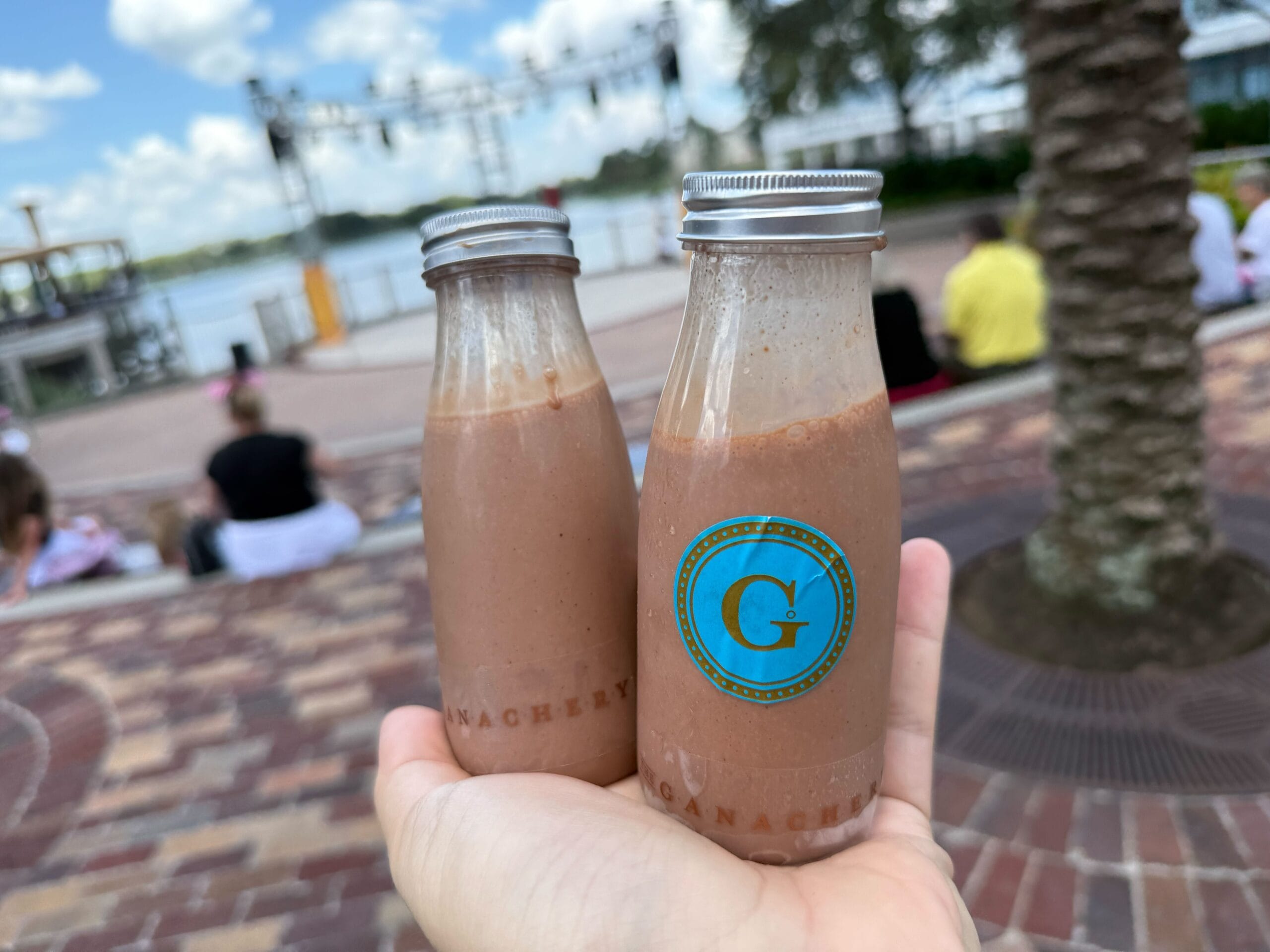 Two glass bottles of chocolate milk held outdoors at Disney Springs, people and a lake blurred in the background.