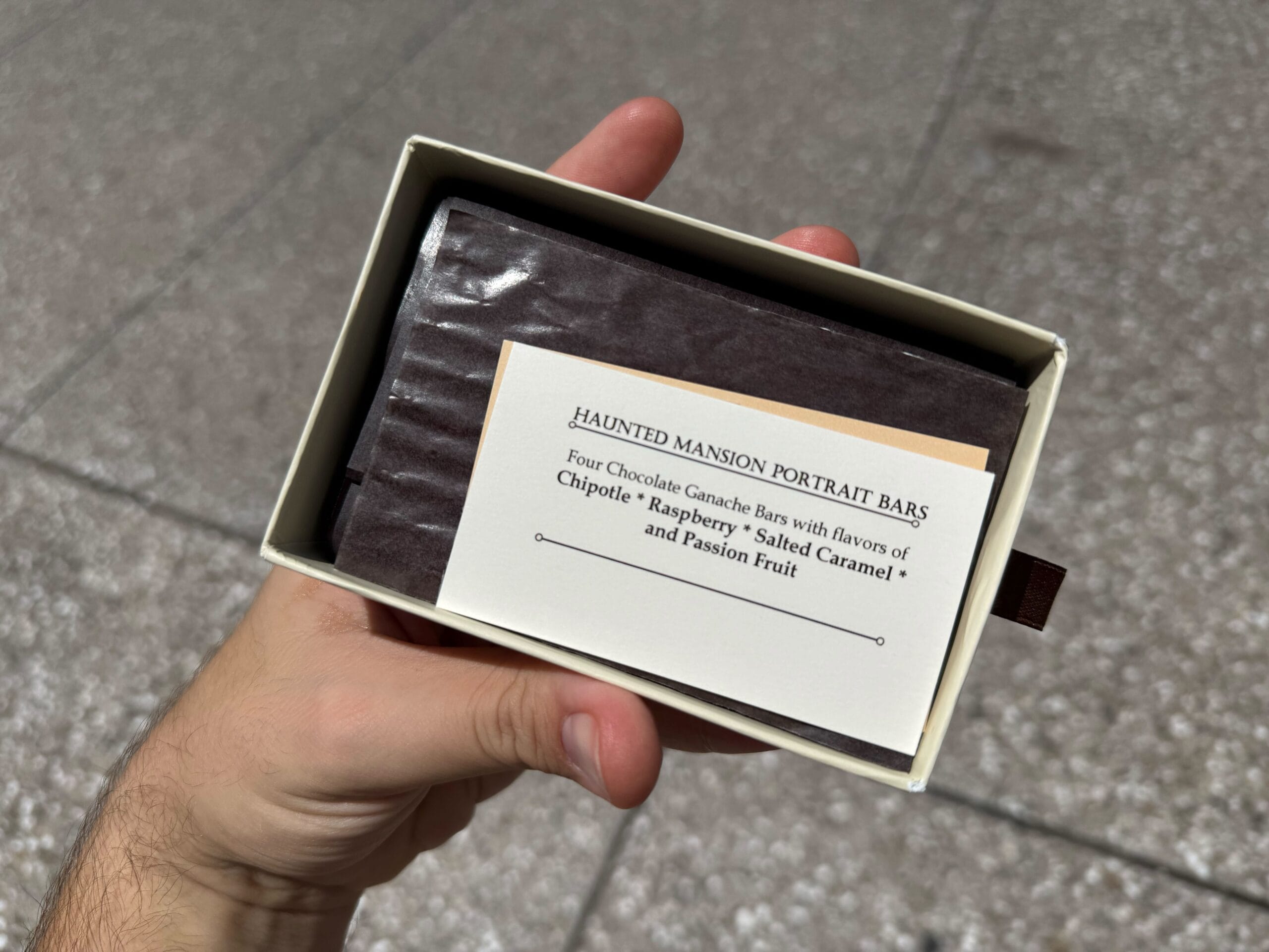 A hand holds a box labeled "Haunted Mansion Portrait Bars," perfect for Halloween treats at Disney Springs.
