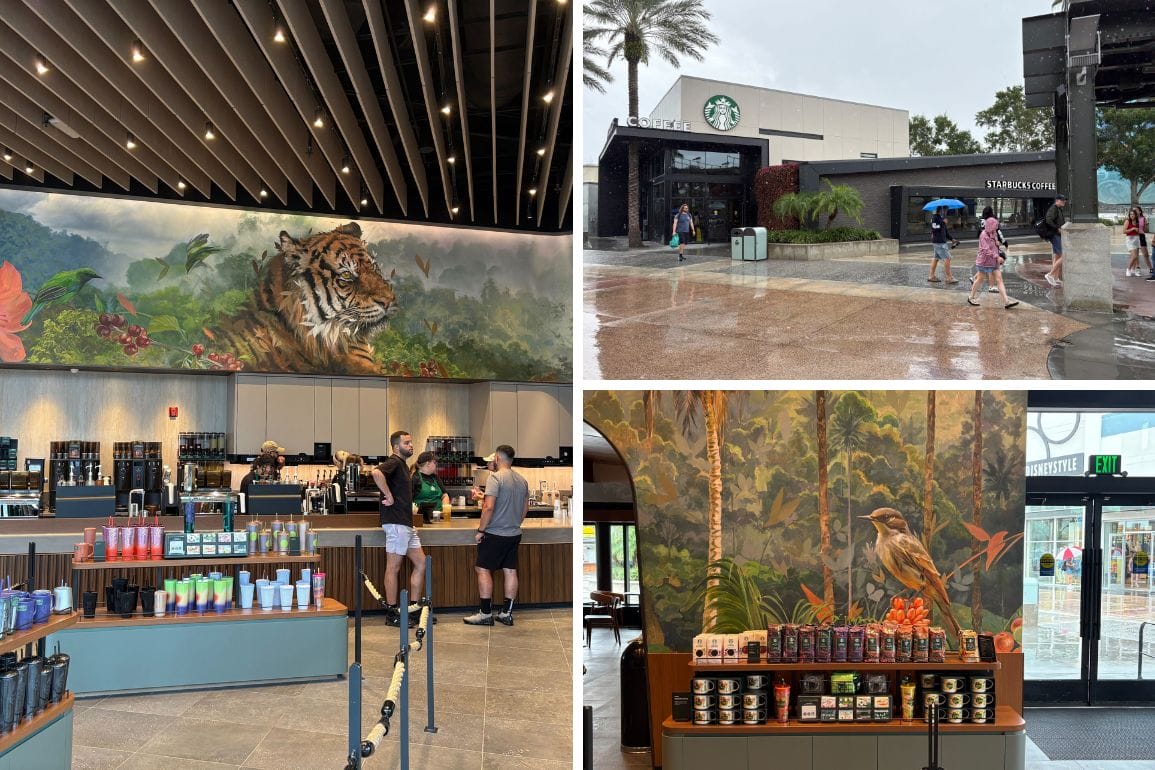 Collage of the refurbished Starbucks at Disney Springs, with nature murals, a tiger, bird, and people on a rainy day.