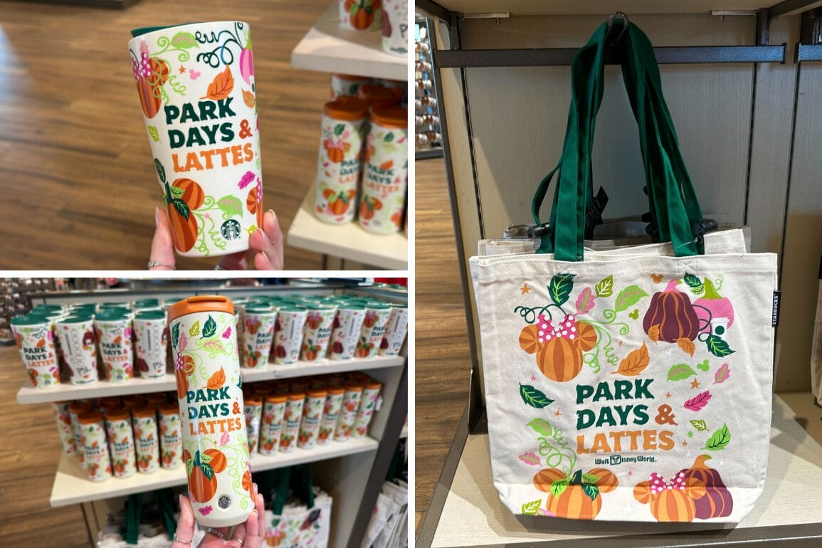 Collage of fall-themed "Park Days & Lattes" tumbler and tote bag with pumpkins, leaves, and Starbucks Pumpkin Spice vibes.