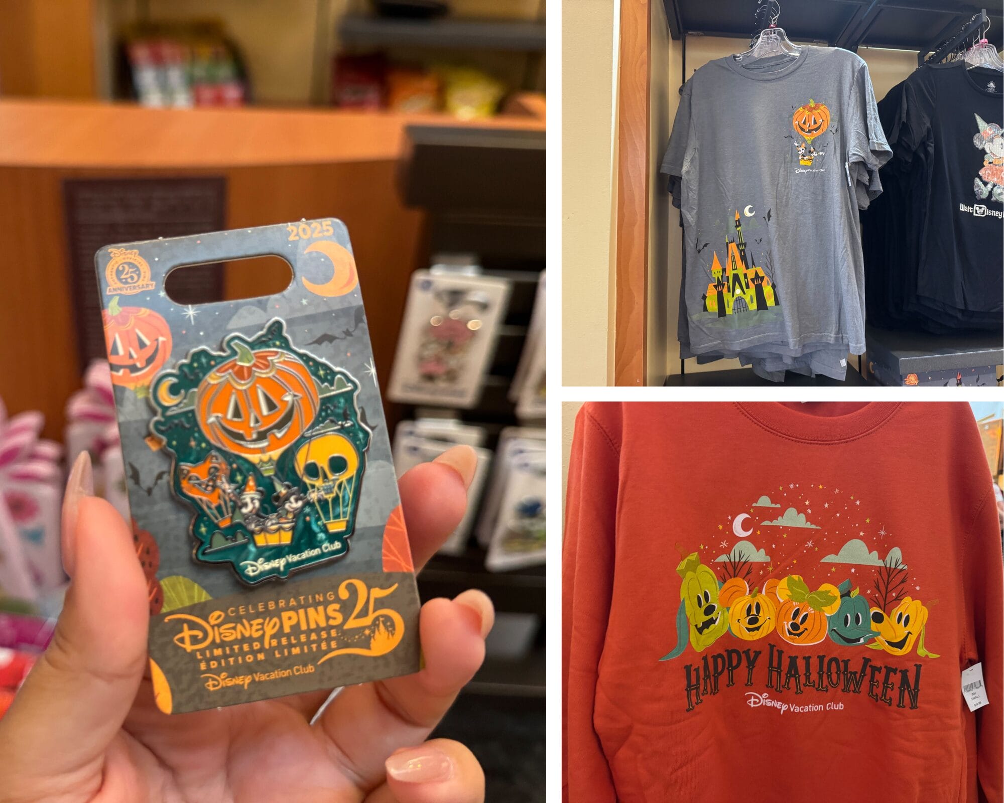 Hand holds Disney Halloween pin; Walt Disney World Halloween merchandise and shirts are displayed nearby.