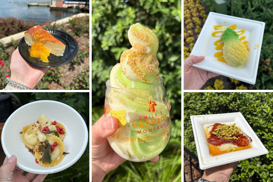 Collage of five unique, colorful desserts and drinks from the 2025 EPCOT International Food & Wine Festival held in hand outdoors.