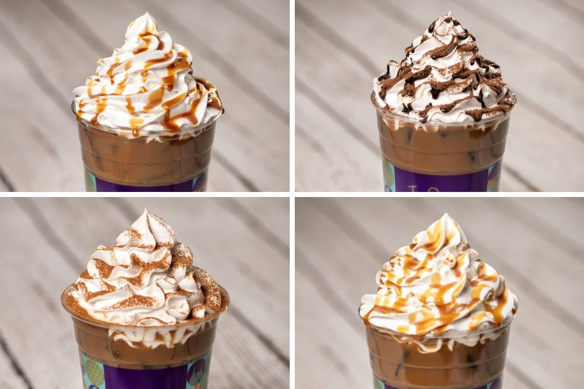 Four chocolate drinks from EPCOT Food & Wine Festival menus, topped with whipped cream and caramel, in a 2x2 grid.