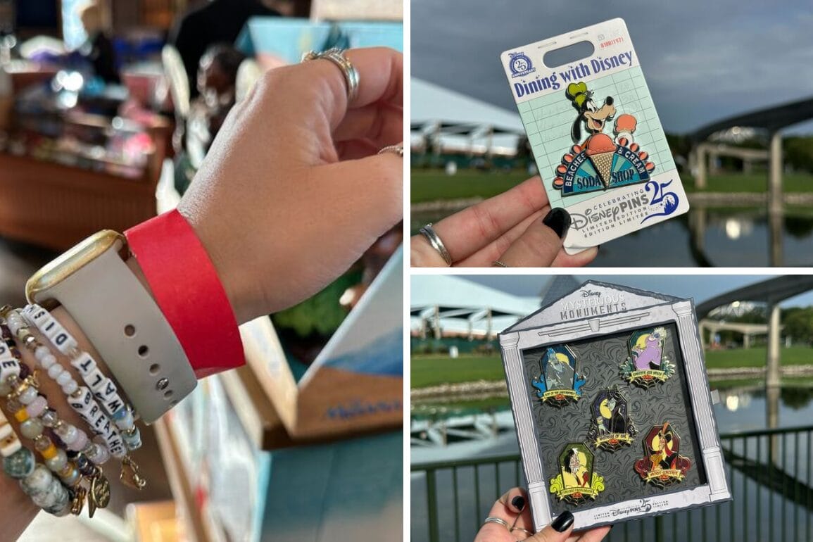 A hand with Disney-themed bracelets and a red wristband holds Disney Beaches & Cream Pin by water and buildings.