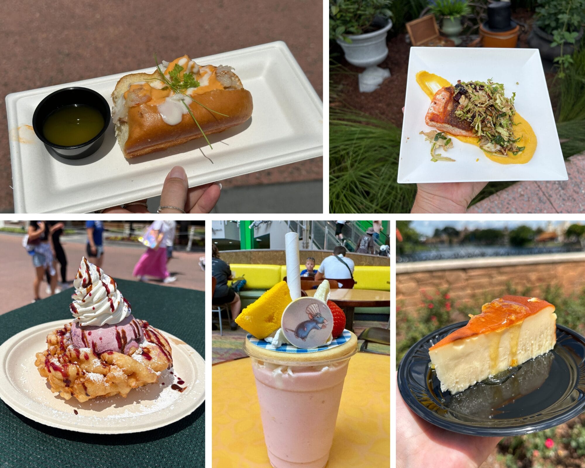A collage of five different foods, highlighting New Food & Wine trends like seafood, dessert, and a pink milkshake.