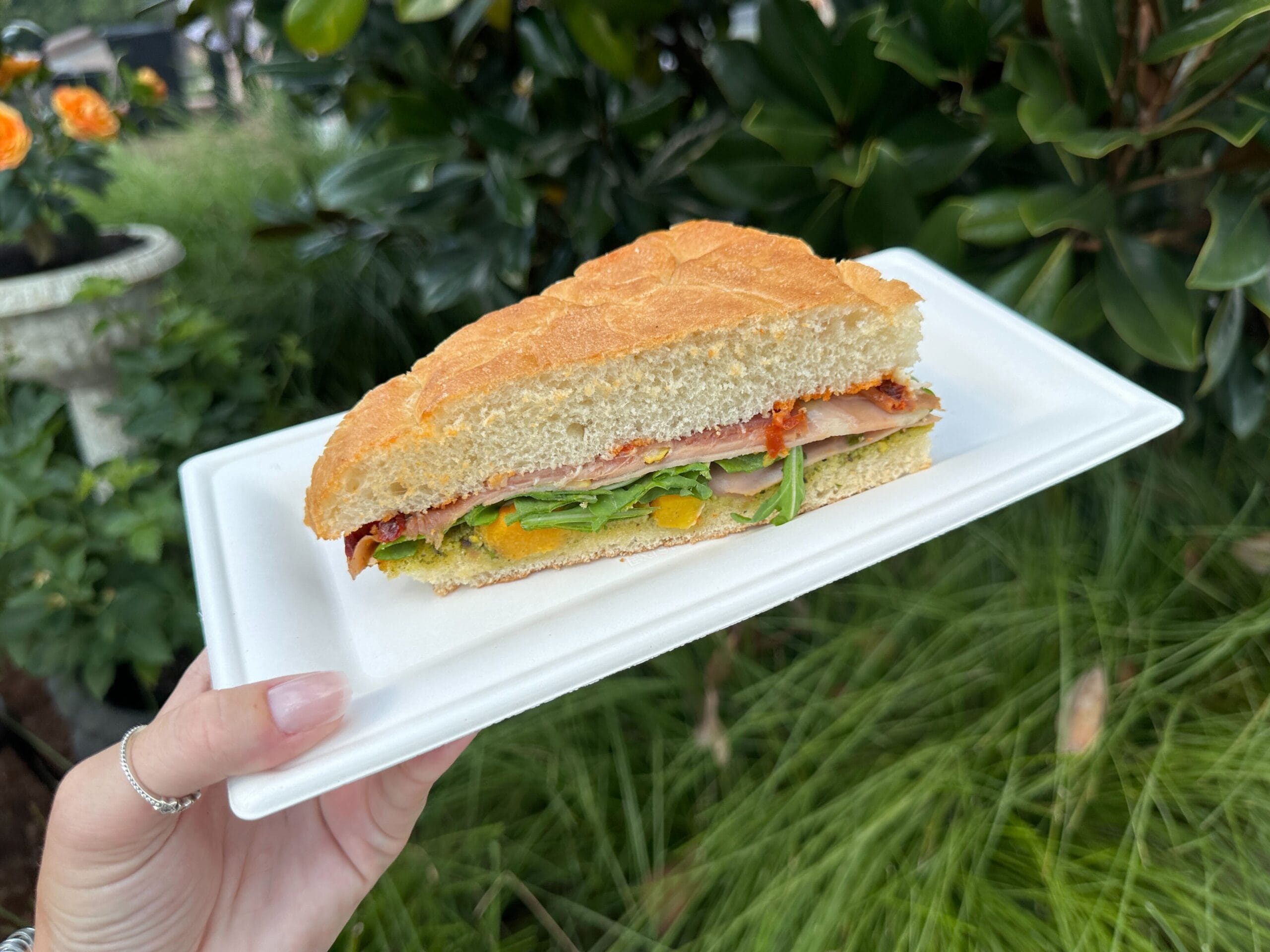 A hand holds a Food & Wine-worthy sandwich with deli meats, lettuce, and tomato on a white tray, outdoors with greenery.