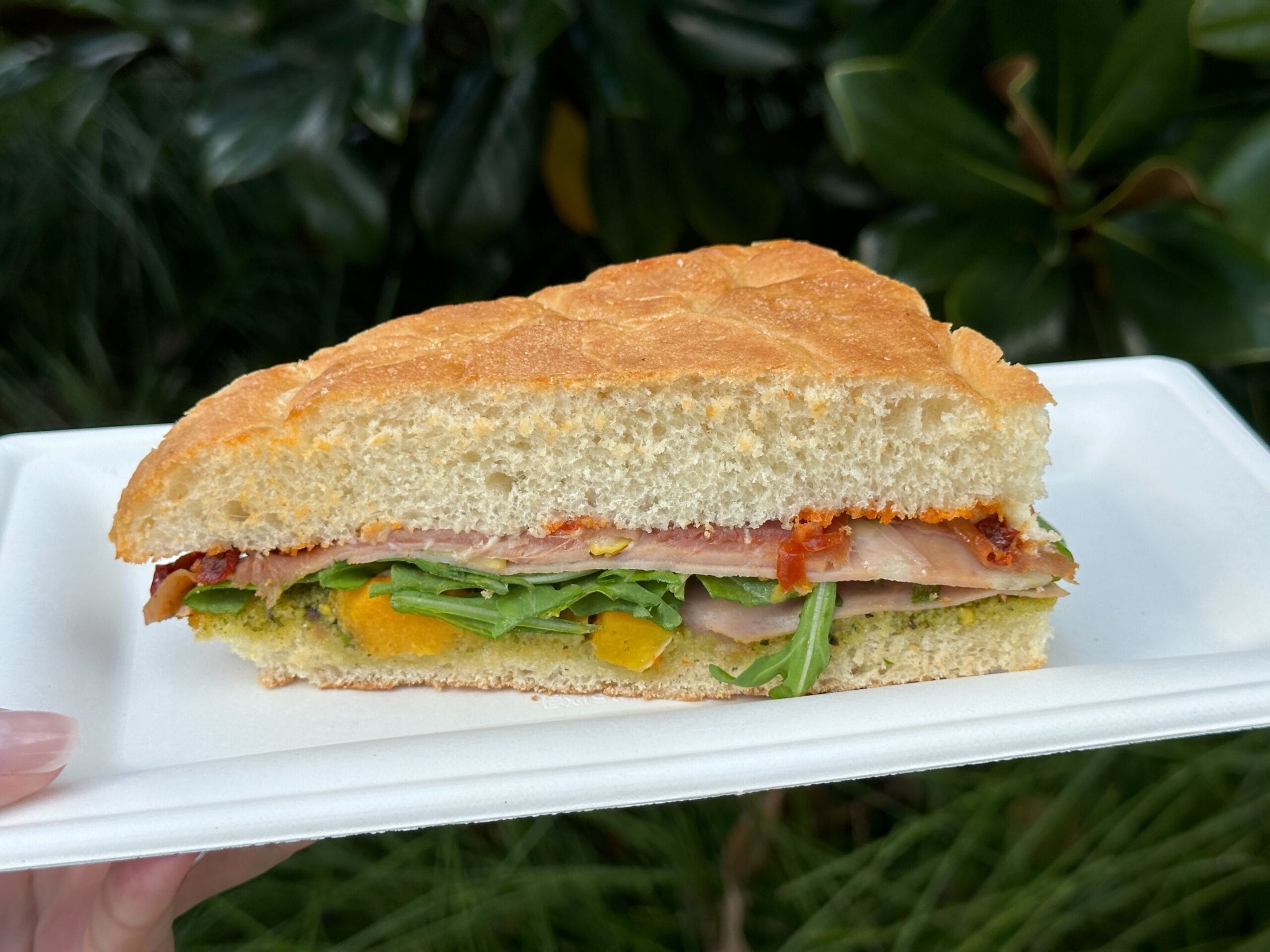A hand holds a Food & Wine-inspired sandwich with meat, greens, and cheese on a white plate, greenery behind.