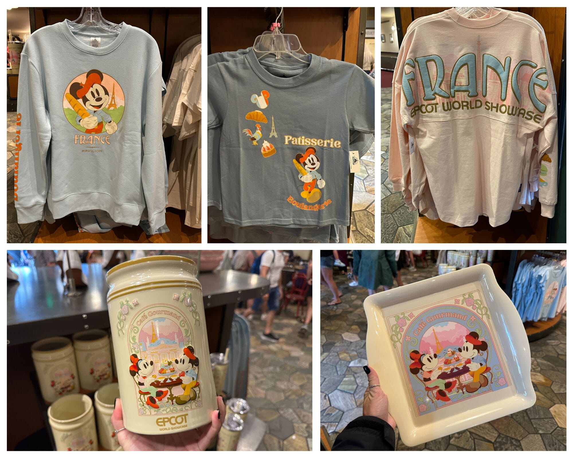 Collage of EPCOT France Pavilion bakery-inspired merchandise featuring Mickey and Minnie on shirts, a tin, and a dish.