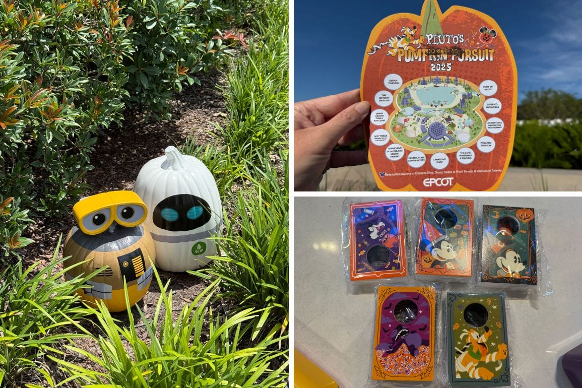 Collage of 2025 Pluto's Pumpkin Pursuit EPCOT items: robot pumpkins, pumpkin map, and Disney character keychains.