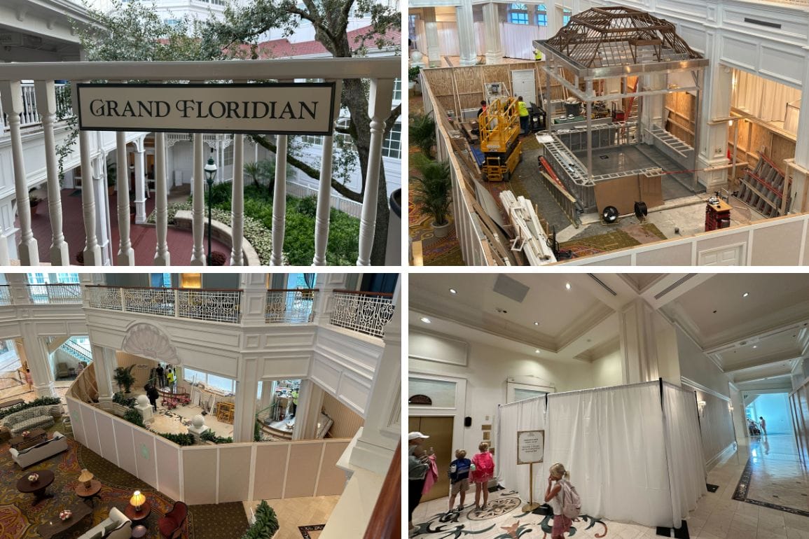 Collage of Grand Floridian construction shows lobby renovations, barriers, and work near the Tea Room and Birdcage Bar.