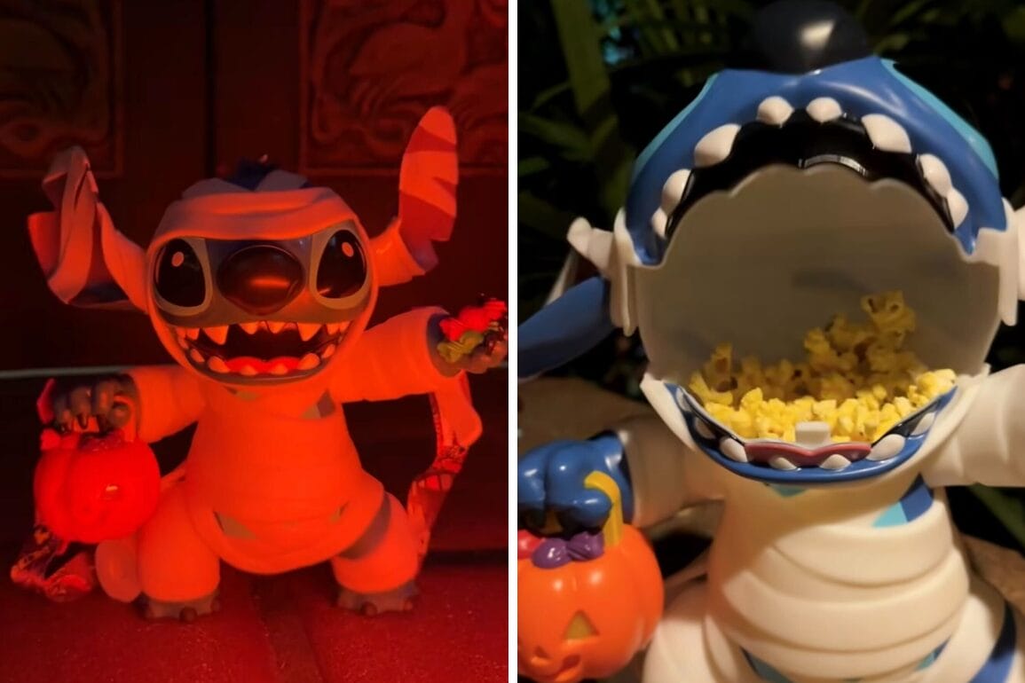 Two Stitch Mummy toys, one with a Popcorn Bucket and the other holding a pumpkin. Coming Soon!