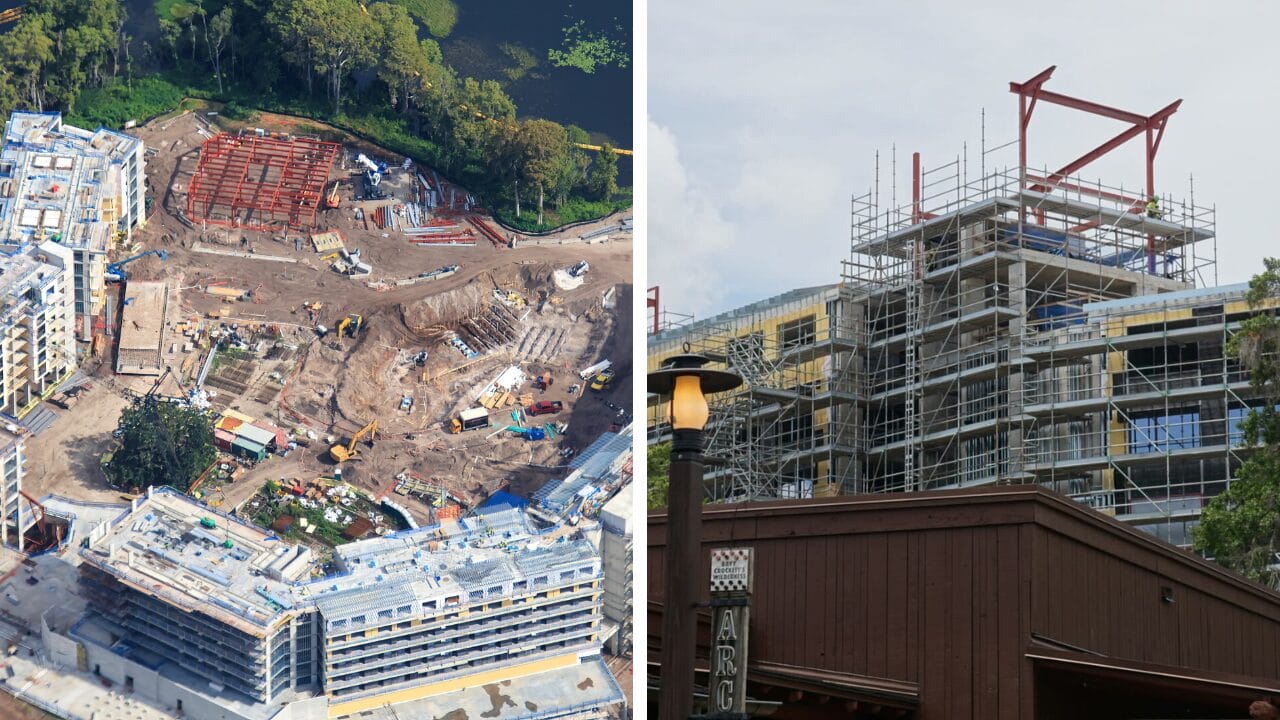 Side-by-side images show Aerial Views of Lakeshore Lodge Construction with roofing structures and scaffolding in progress.