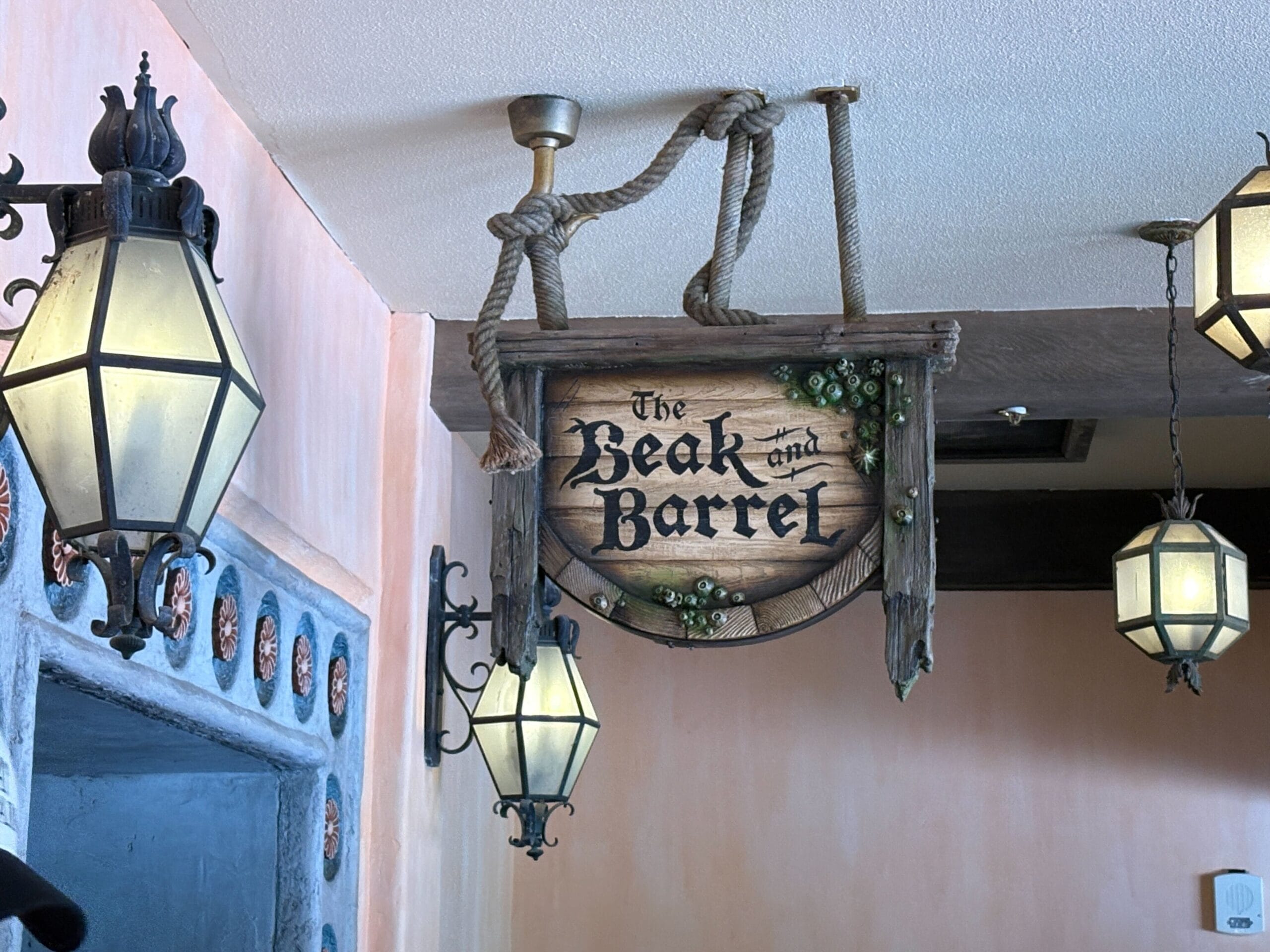A rustic wooden sign reading "The Beak and Barrel" hangs indoors—perfect for your next Beak and Barrel review.