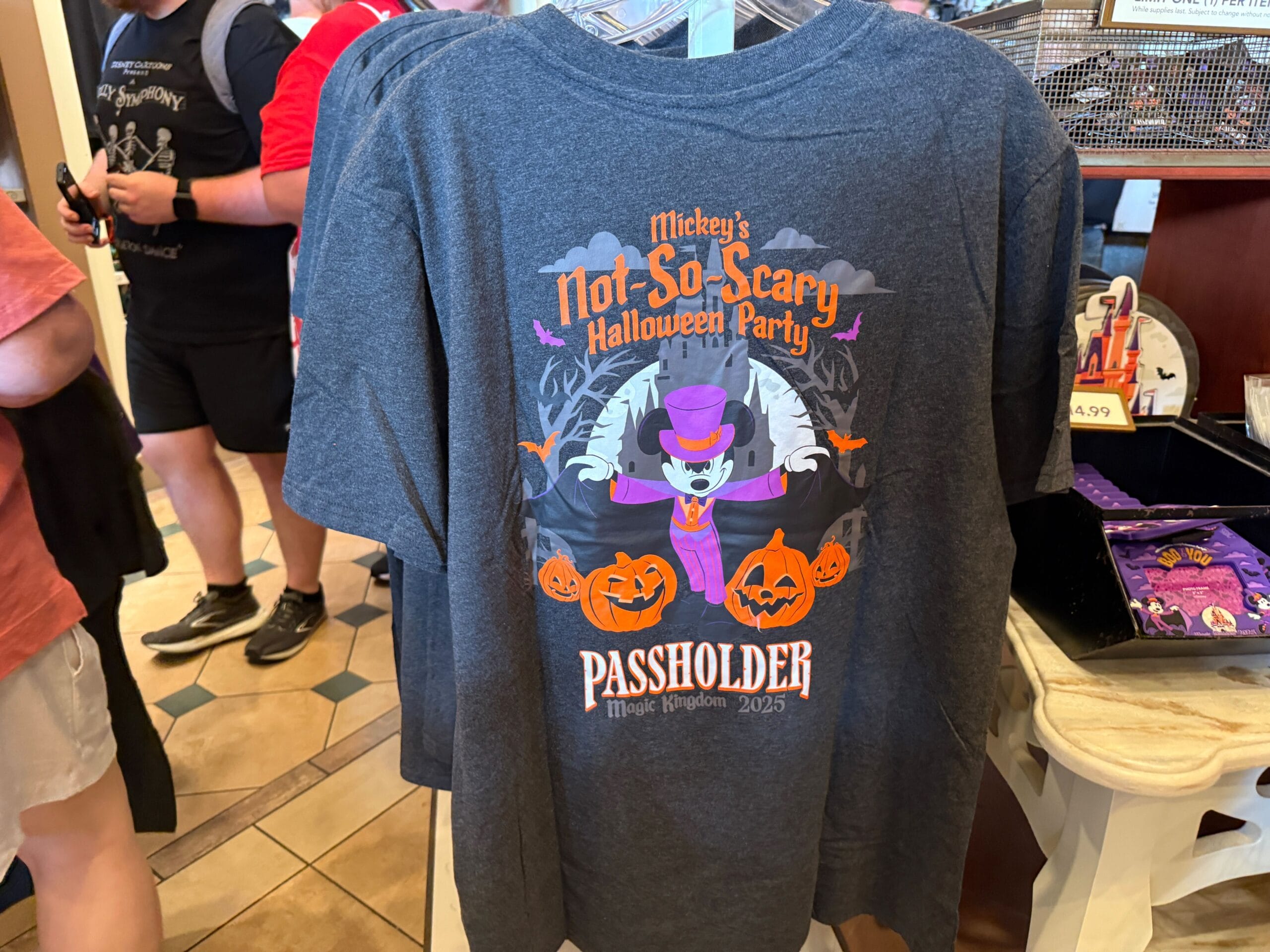 Gray T-shirt with "Mickey's Not So Scary Halloween Party Passholder 2023"—perfect for 2025 merchandise collectors.