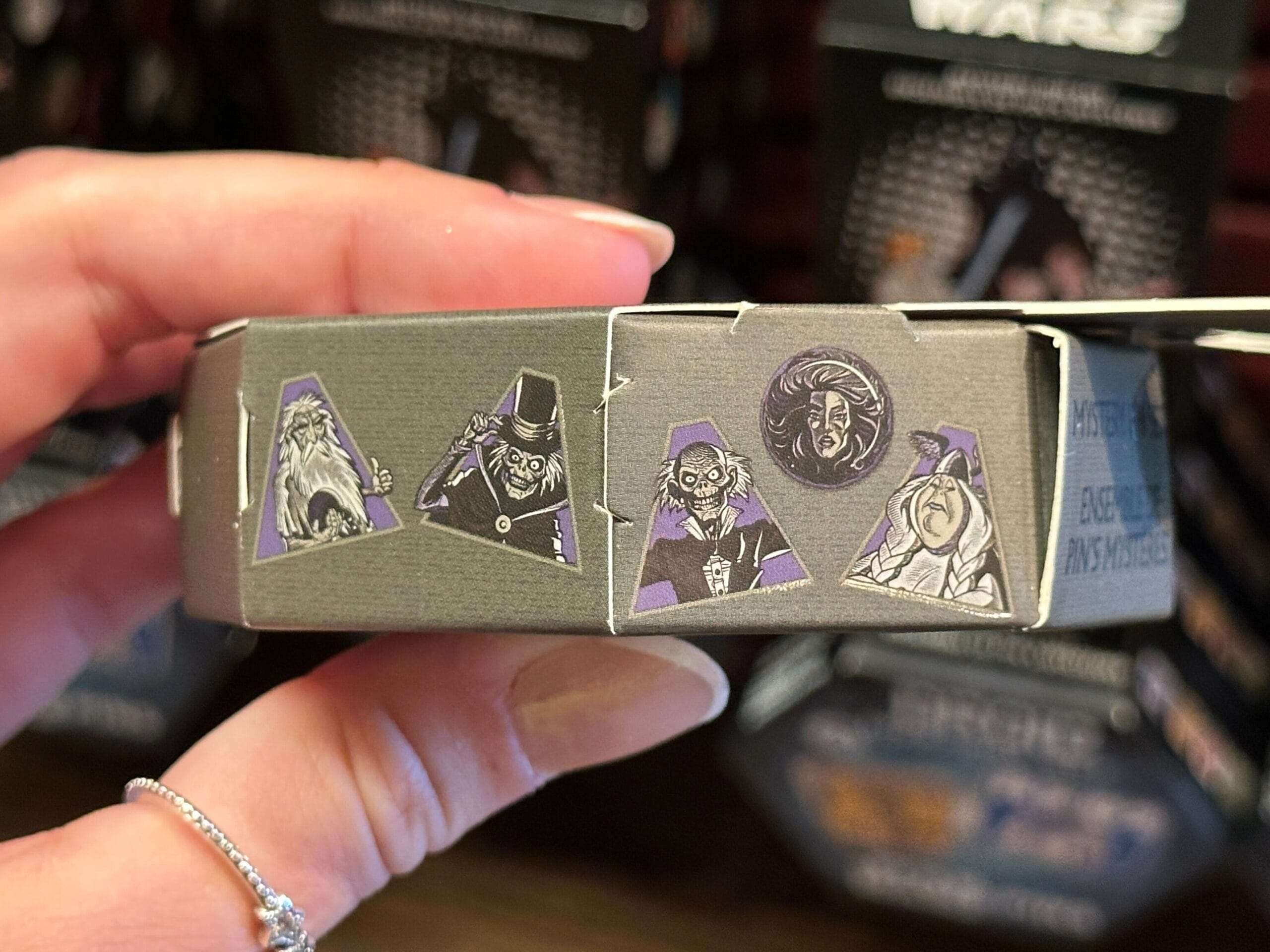 A hand holds a Haunted Mansion Mystery Pin Set box with illustrated characters and a purple and gray design.