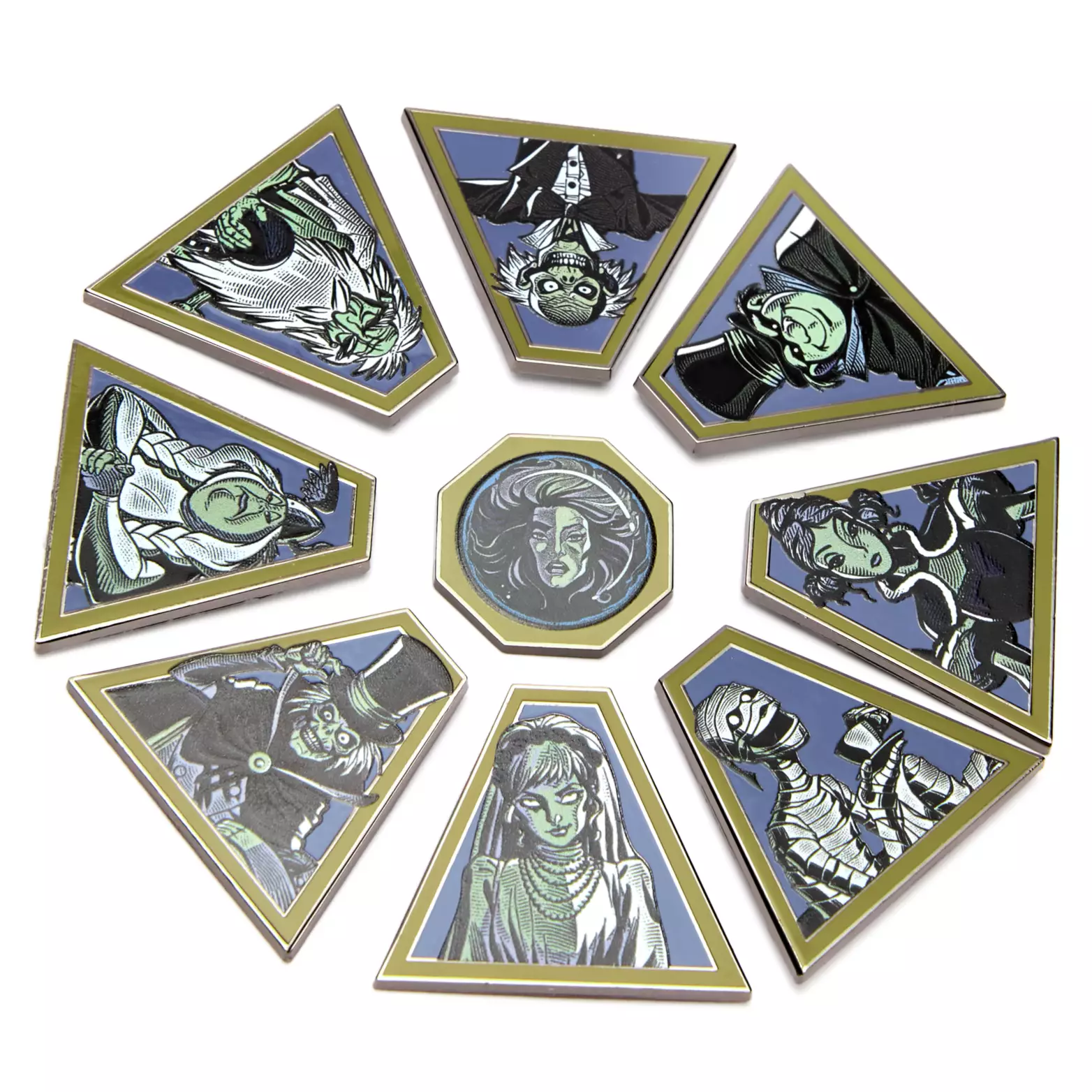 Nine illustrated pins with ghostly characters form a circle—a perfect Mystery Pin Set for Haunted Mansion fans.