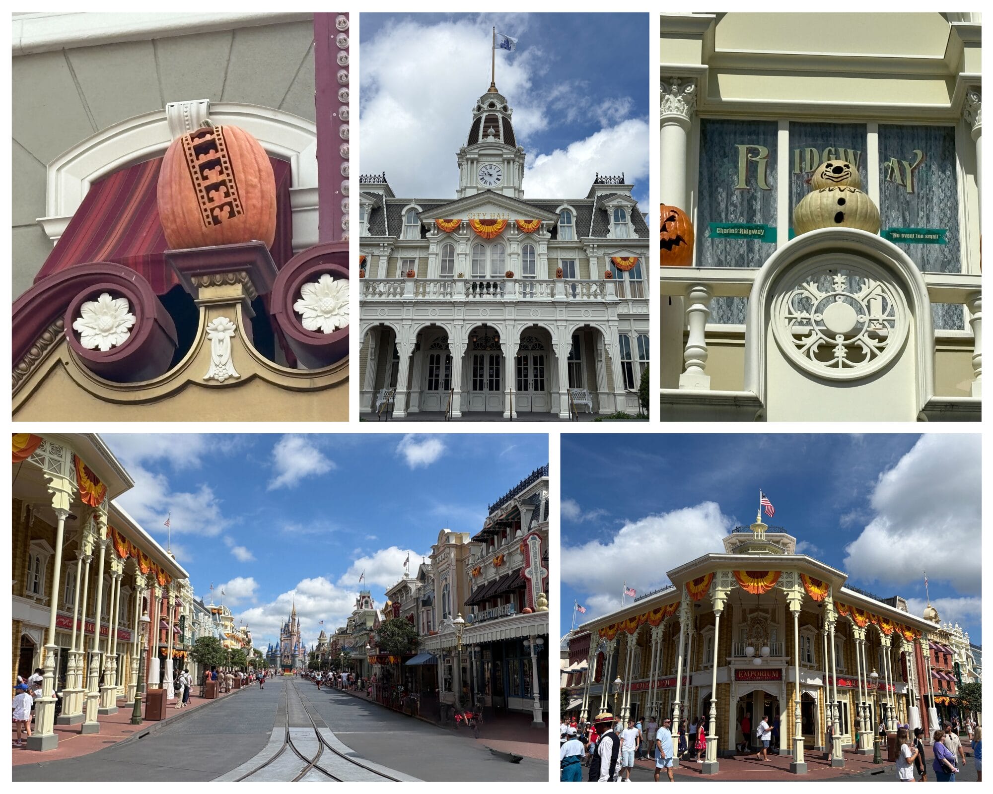Collage of Magic Kingdom’s Main Street, U.S.A. adorned with Halloween Decor and pumpkins under a clear blue sky.