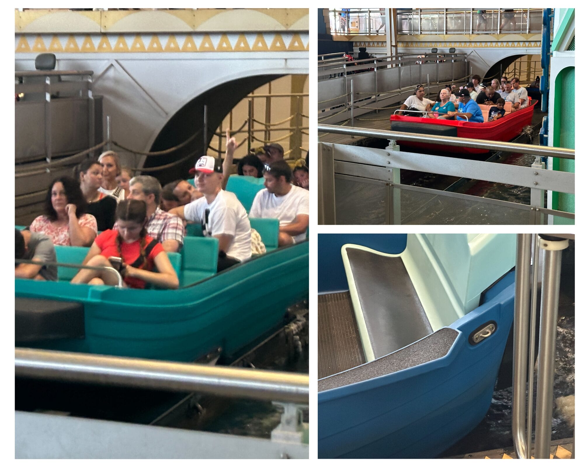 People riding in new boats on the "it’s a small world" indoor water ride at Magic Kingdom, waiting to begin their journey.